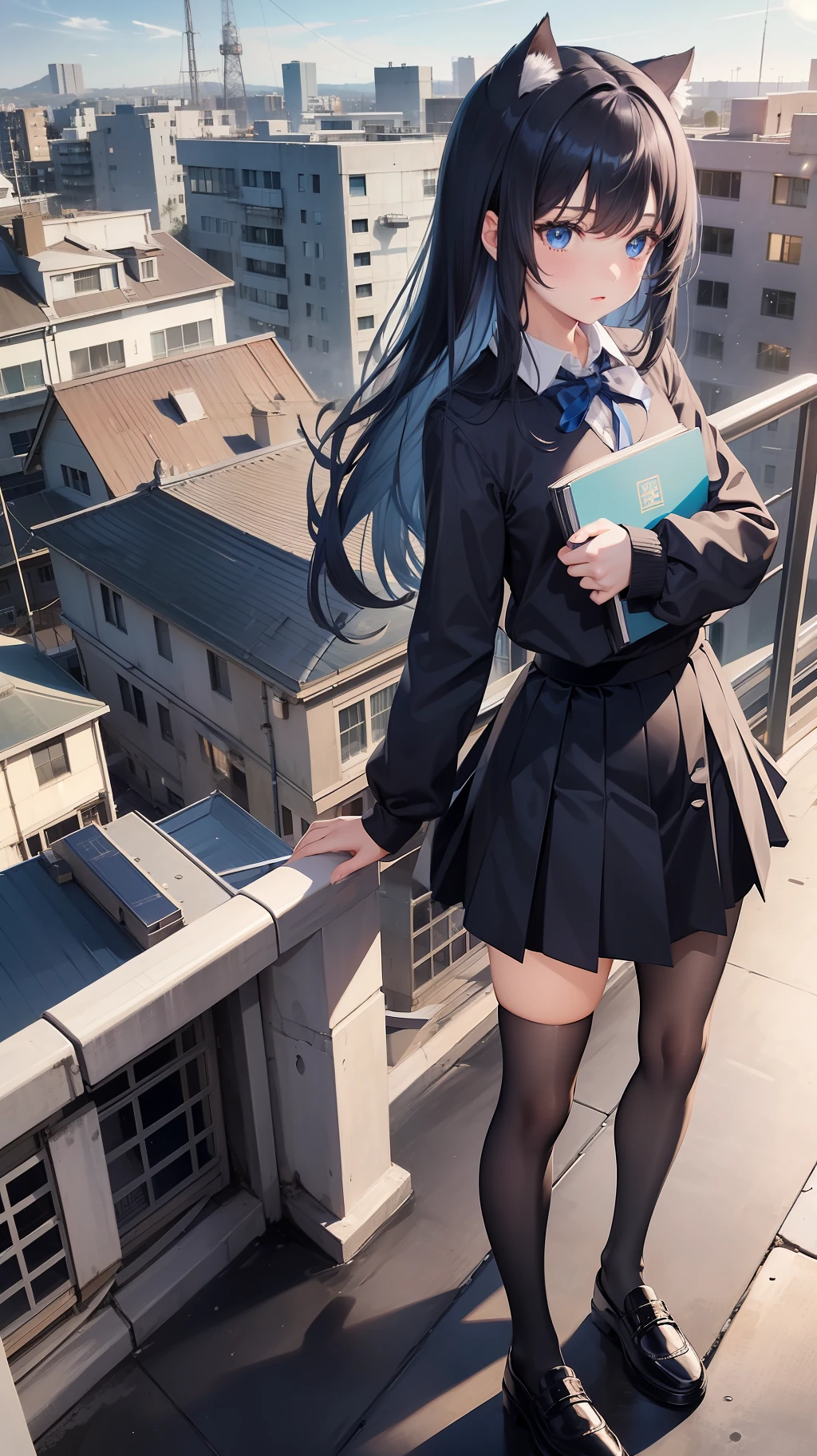 1 girl, cute, ocean eyes, a cat in her head, black school uniform, standing in school rooftop, full body, clear blue morning sky background, perfect body size, hair pins, moon, Holding a book over her face, long exposure