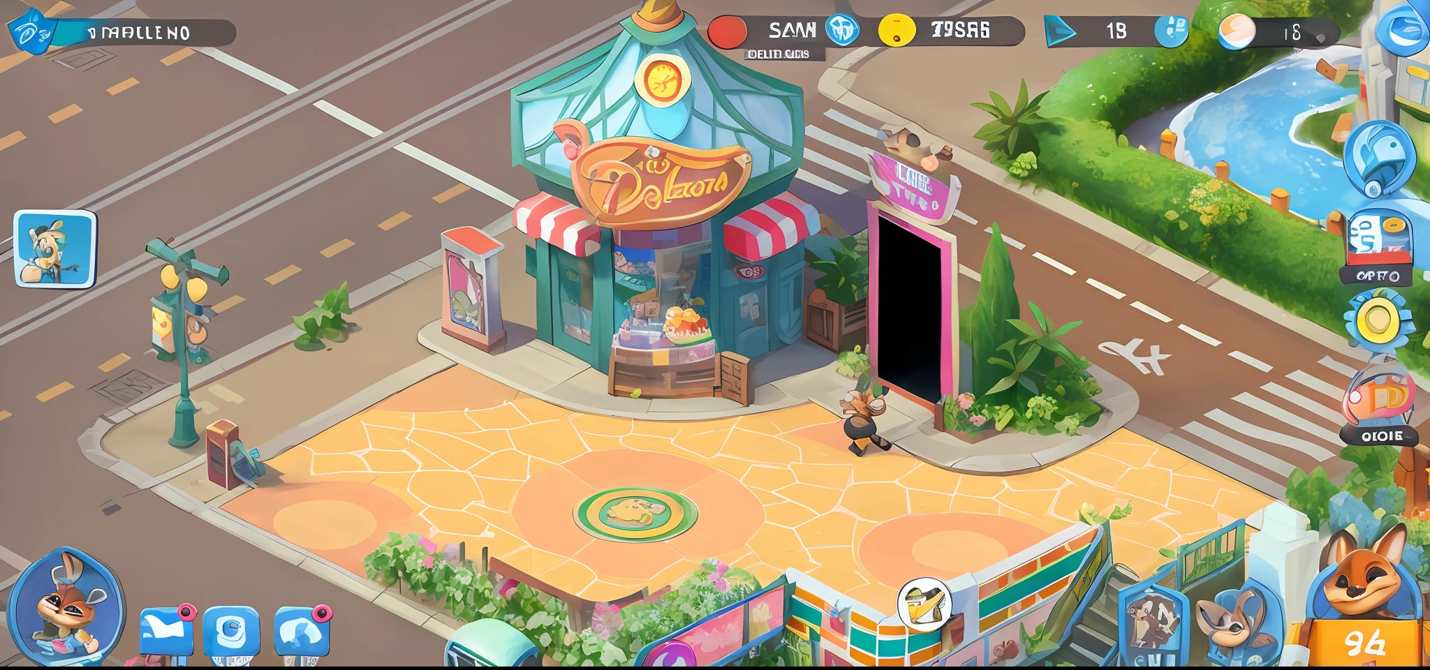 A close-up of a street with a small building and a lot of shops, cute bakery, lots of shops, such as in Zootopia, stylized game art, Disney, cute, cartoon