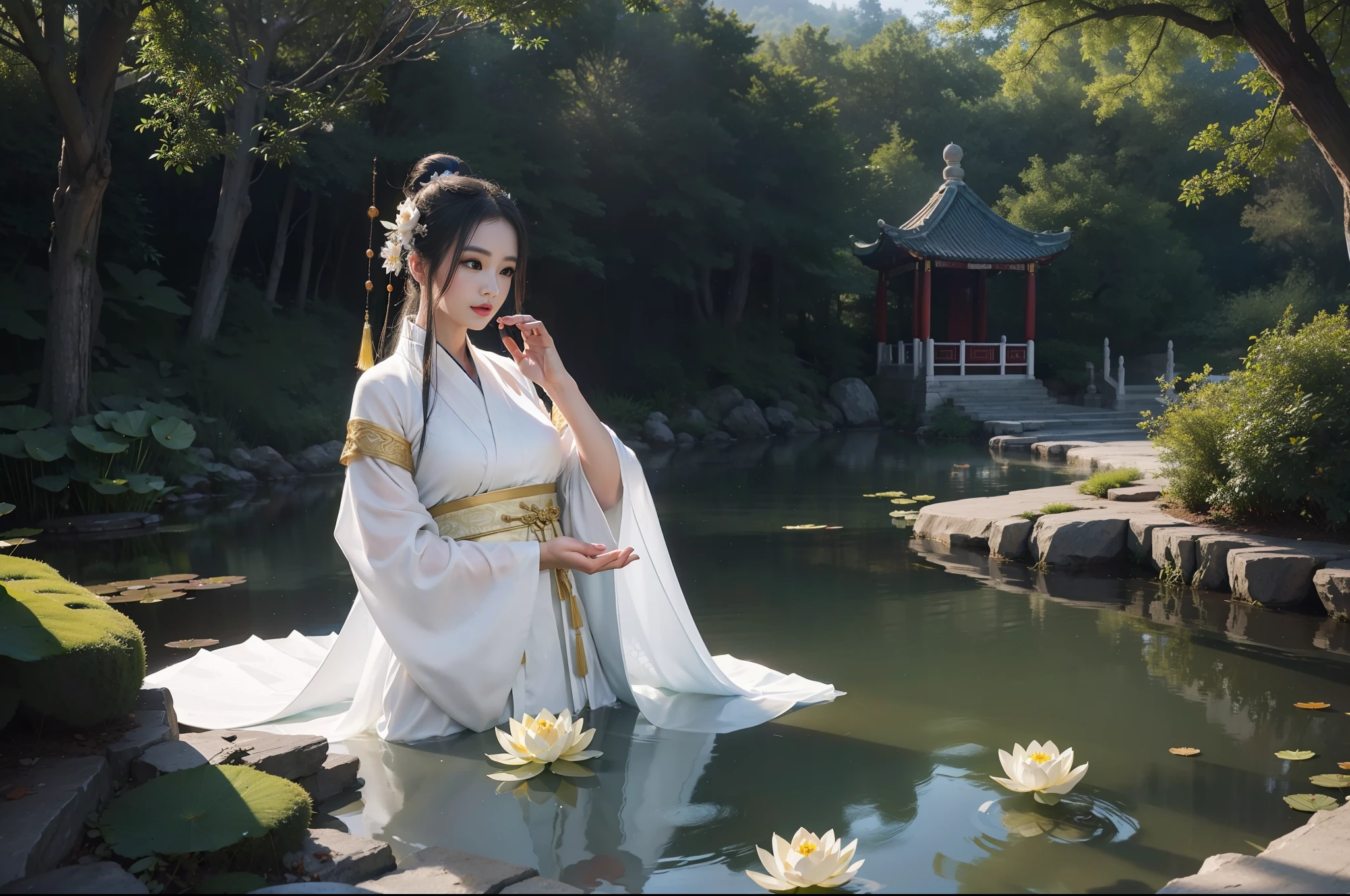 realistic, big vista, wide angle lens, intricate details, super detailed, natural skin texture, 1 girl, hair bundle, bun, beautiful Chinese woman in white hanfu robe cloak, fairy, white mist, golden light, white mist, outdoors, in Hangzhou West Lake, in ancient Chinese pavilion, (colorful, vivid, sunny, cool light: 1.2) lotus leaves in pond, delicate facial details, dynamic poses, exquisite details, wide view, epic details, global illumination - ar 3:2 - Q 5 - V 5.1 - Style RAW-S 750, style influenced by ancient Chinese art, complex, high detail, sharp focus, dramatic, photorealistic painting art, lotus leaf, spring rain, bright, light, atmospheric, bright tones of spring, super detail, 16k, best quality, soft light, space, crystal clear, natural light, surreal photography,