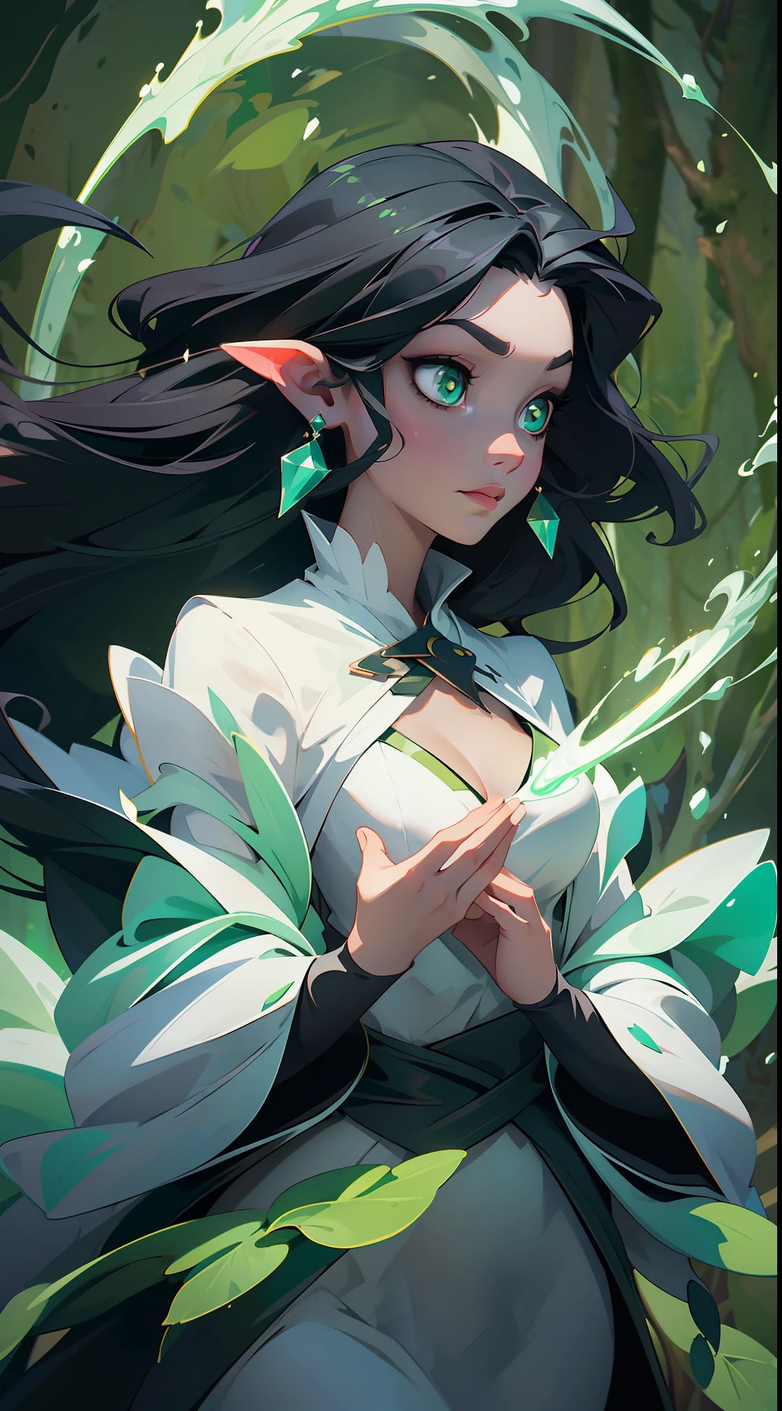 "A mysterious and potent witch with black hair and green eyes, clad in a flowing white dress, is seen levitating above an enchanted forest surrounded by magical energy. (witch:1.5), (black hair:1.1), (green eyes:1.1), (white dress:1.1), (floating:1.2), (enchanted forest:1.3), (magical power:1.2)"