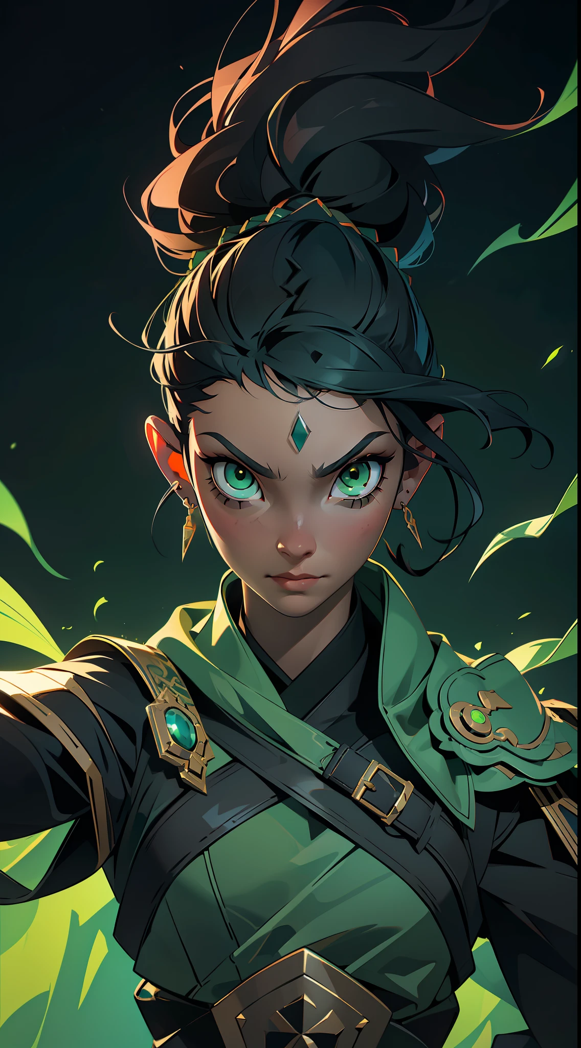 "(Extremely detailed CG Unity 8k wallpaper) depicting a (masterpiece) with a stunning (talented warrior) who exudes (charisma), boasting sharp (piercing green eyes) and intense (black hair) that hints to a (mysterious) persona."