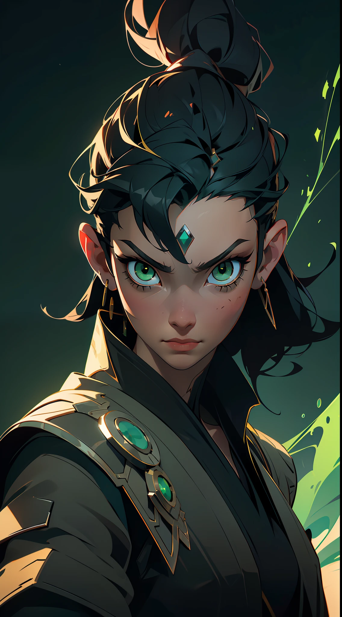 "(Extremely detailed CG Unity 8k wallpaper) depicting a (masterpiece) with a stunning (talented warrior) who exudes (charisma), boasting sharp (piercing green eyes) and intense (black hair) that hints to a (mysterious) persona."