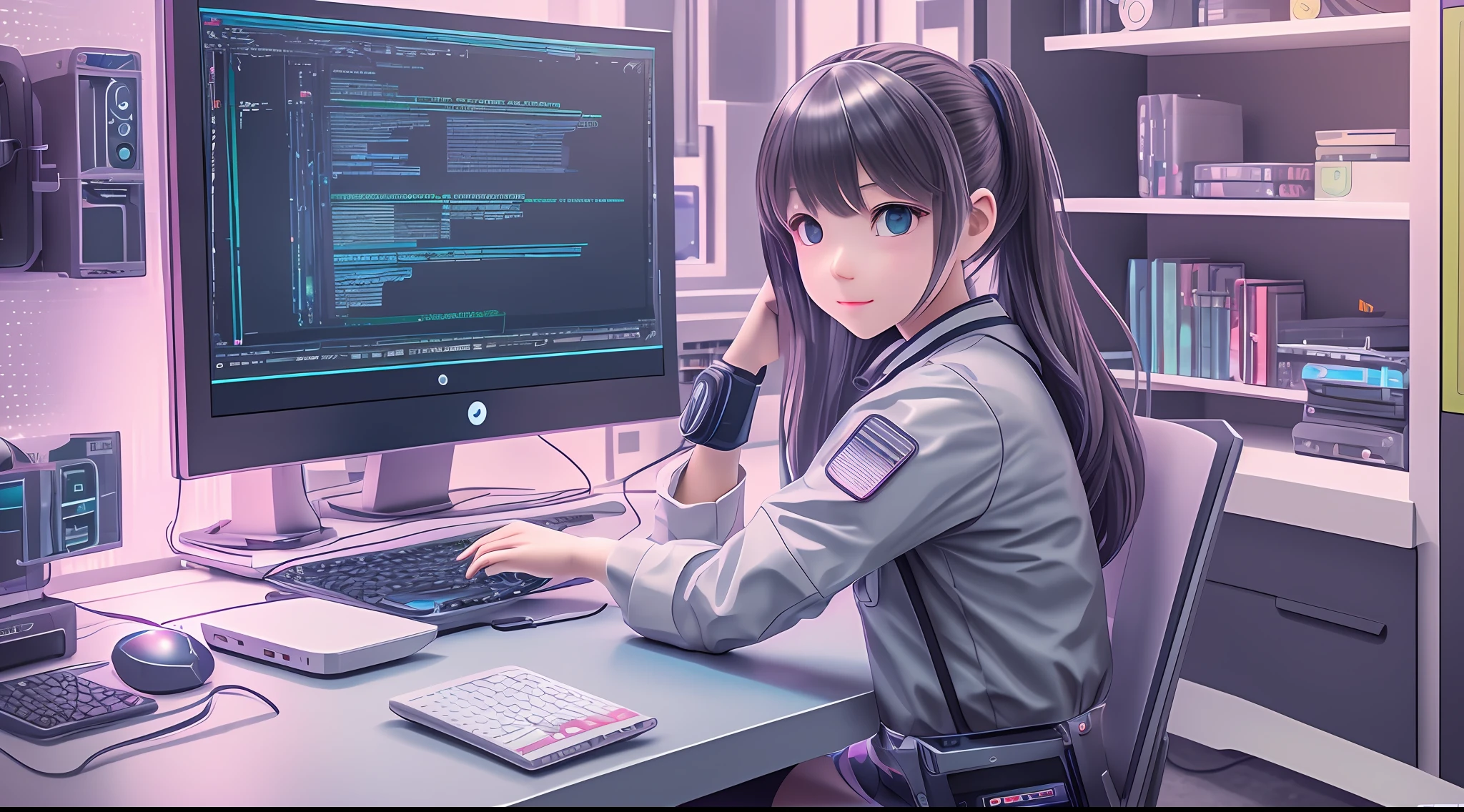 A trendy girl sitting in front of computer monitor with mouse, expression happy, advertising pictures, fix website, weibo, trends in CGstation, metaverse, technology, technology elements, fashion clothes, super cute ip by pop mart, bubble mart model, blind box toy, fine gloss, clean background, 3d rendering, oc rendering, best quality, 4k, super detail, girl on the table, cybertech, trend in cgstation, POPULAR ON CGSTATIONS WAITING TO START --auto --s2
