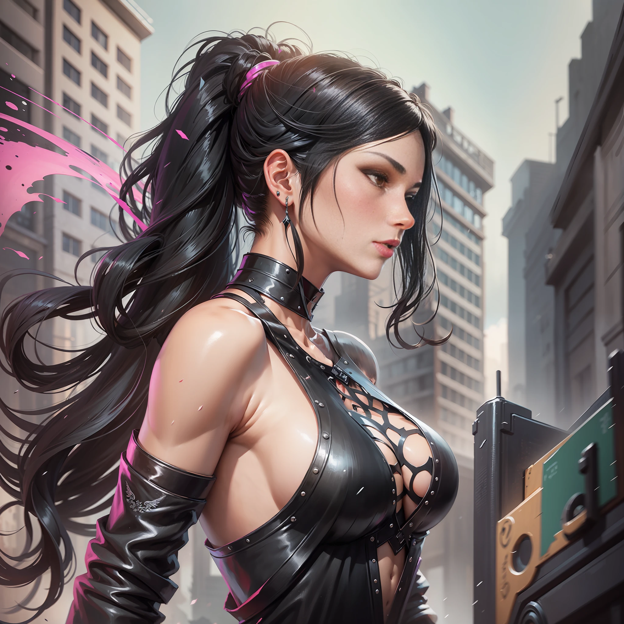 women, girl fantasy, warrior girls, concept art, black hair, ponytail, long hair, profile, earring, shining, choker, gun, black clothes, dress, detached sleeves, side view, rain, gloves, fantasy art, illustration, 2d, digital art, drawing, GUWEIZ, ZWGu, bare shoulders, HD wallpaper