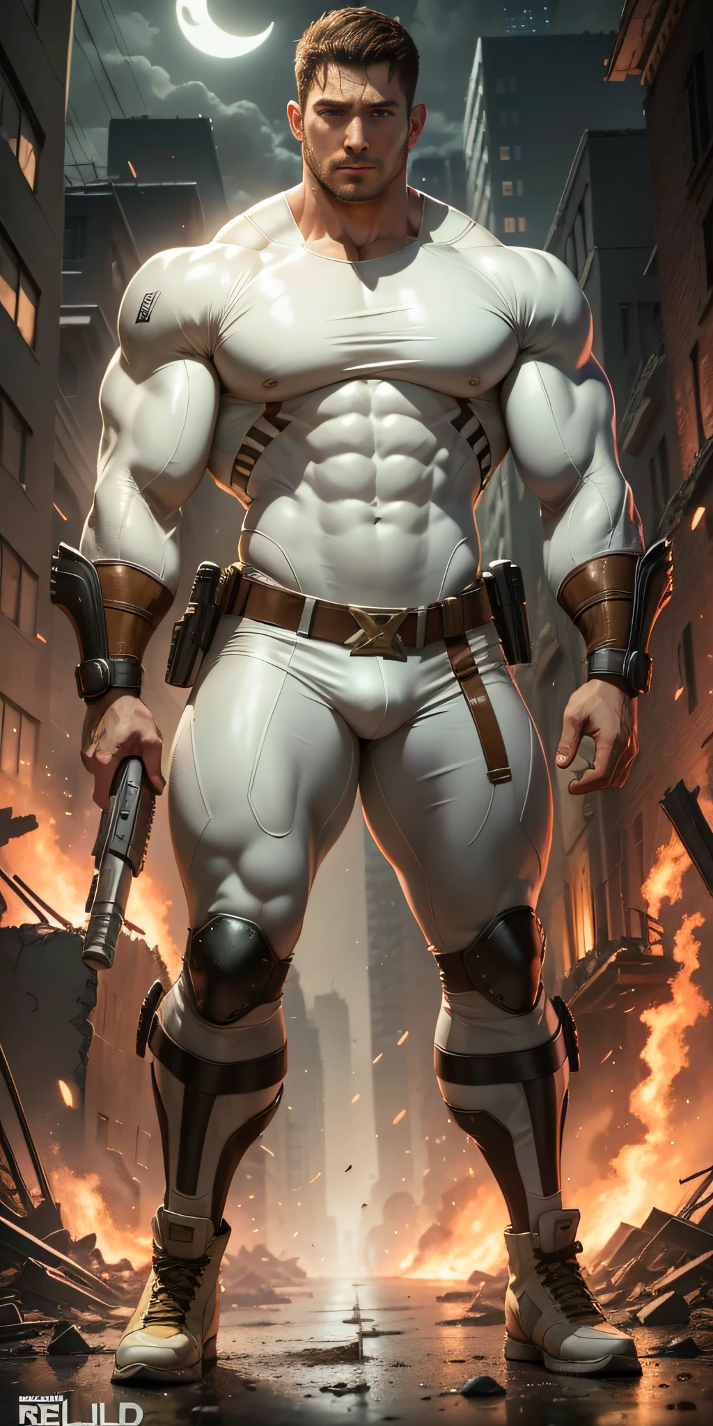 Movie poster, full body, character design (Resident Evil - Chris Redfield, Chris Redfield) wearing a smooth rice cream white spandex suit, standing alone in the ruins of the apocalypse, with a sad expression, deep and charming eyes, emerald-like pupils, muscle male heroes, heroic male poses, tall and burly, muscular! Sexy charming muscular leg muscles, tall burly and strong, smooth beige cream spandex suit, super buff and cool, high resolution commission, cream white combat boots, attractive strong male, bright moonlight on the body, lonely