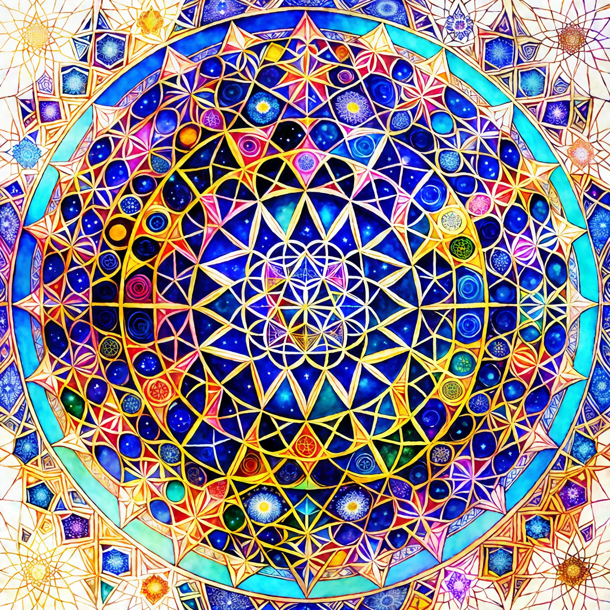 Brightly colored painting of the flower of life surrounded by stars, superimposed sacred geometry, sacred geometry, sacred fractal structure, melting of sacred geometry, light colored pen on white background, flower of life, sacred geometry of fractals, highly detailed visionary art, complex Wiccan spectrum, astral pattern, sacred geometric pattern, geometry and astrology, color splash, watercolor
