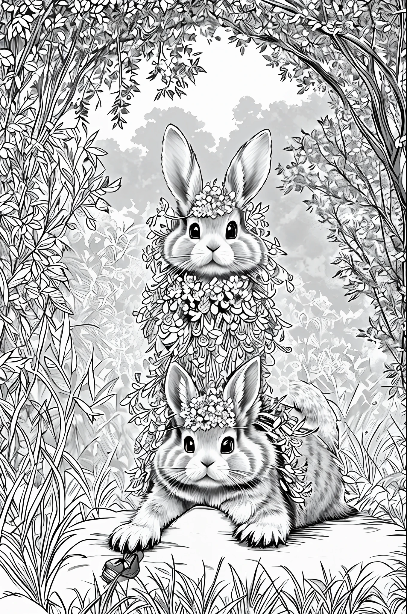 Highly detailed, coloring book style, cute rabbit in flower garden, chinese, monochrome