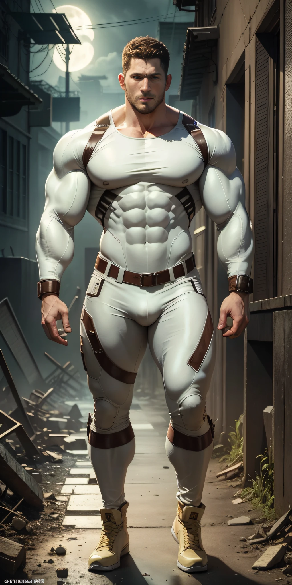 Movie poster, full body, character design (Resident Evil - Chris Redfield, Chris Redfield) wearing a smooth rice cream white spandex suit, standing alone in the ruins of the apocalypse, with a sad expression, deep and charming eyes, emerald-like pupils, muscle male heroes, heroic male poses, tall and burly, muscular! Sexy charming muscular leg muscles, tall burly and strong, smooth beige cream spandex suit, super buff and cool, high resolution commission, cream white combat boots, attractive strong male, bright moonlight on the body, lonely