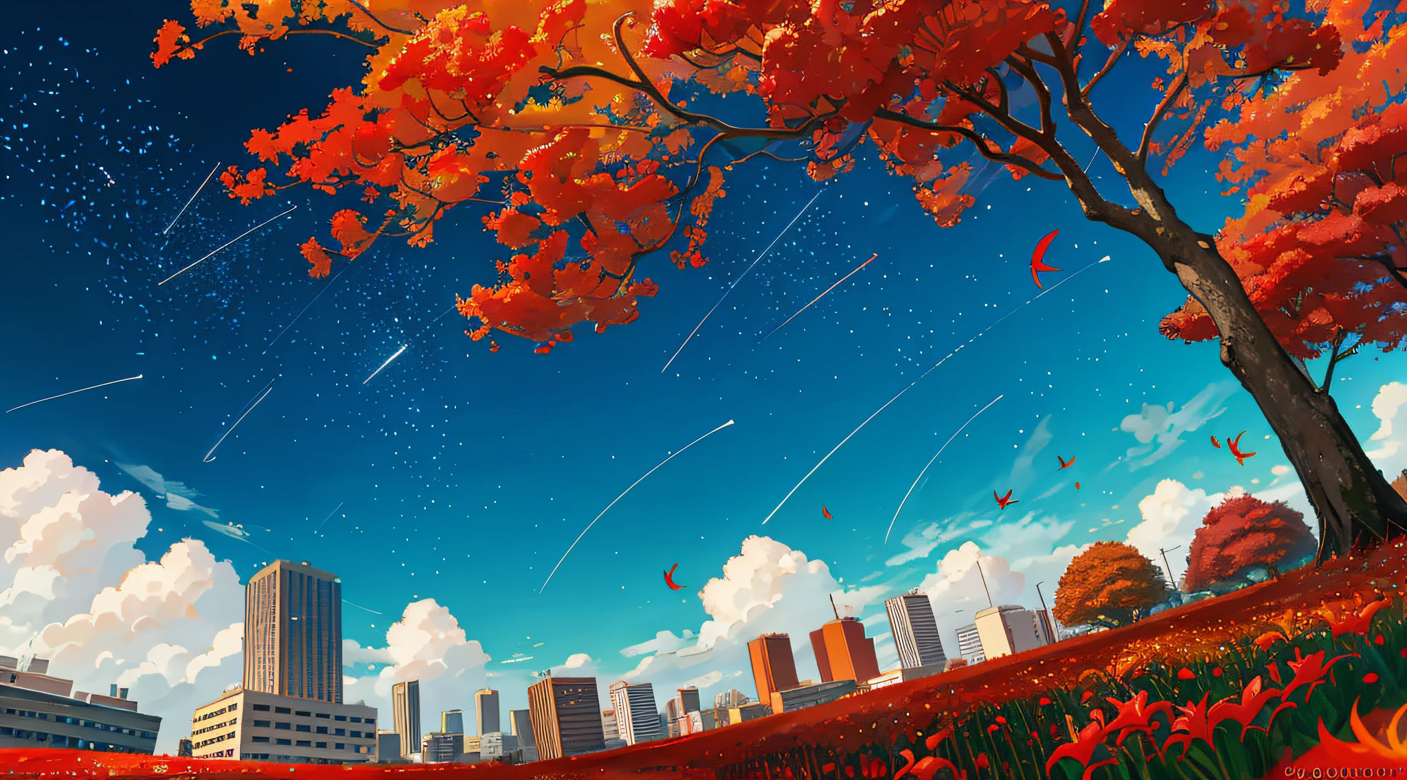 Scenery , City , Garden , Flowers , Lycoris Radiata , Red Spider Lily , Lycoris , Fall , Wind , Cloud , Blue sky , Evening , Sun , floating leaves, autumn , shooting stars in the sky