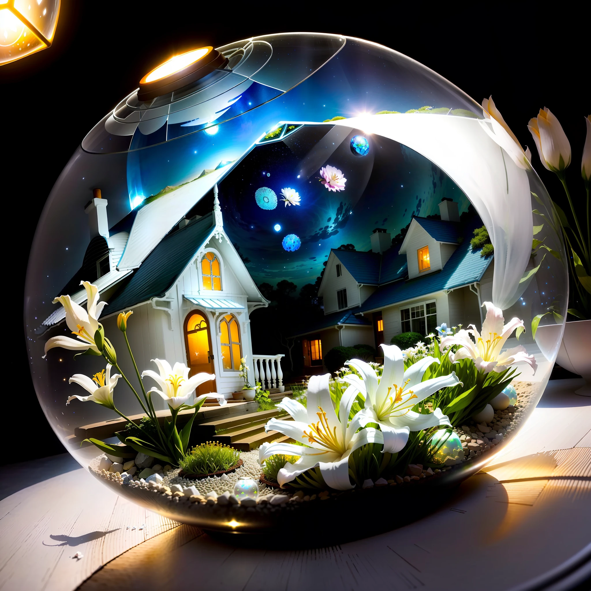 Inside the glass sphere is an opal house, realistic, white lily flowers nearby, fireflies flying around the hill, cut starfish