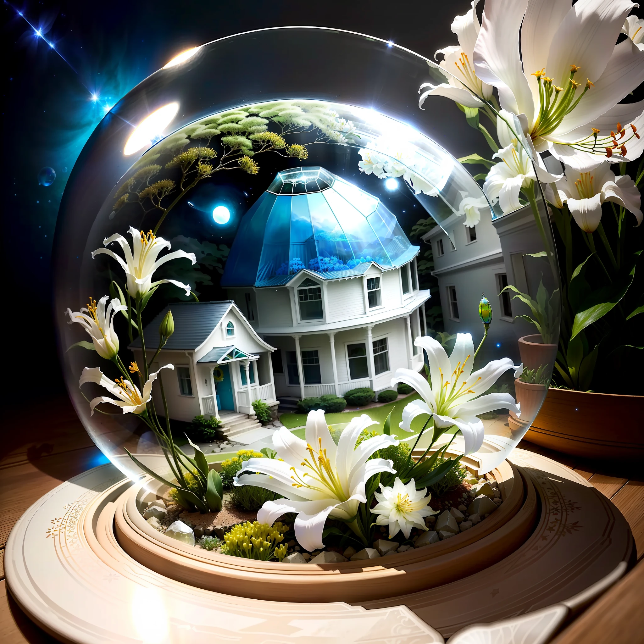 Inside the glass sphere is an opal house, realistic, white lily flowers nearby, fireflies flying around the hill, cut starfish