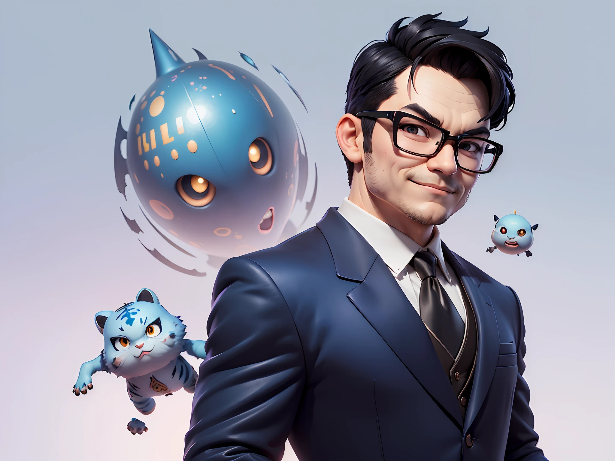 (((Masterpiece), (Excellent), (Super Meticulous), (Full Body: 1.2), Super Young Man, Oriental Face, Japanese Wind and Thunder God, Dragon, Tiger, TV Anchor, Bust Portrait Illustration, Alone, Black Formal Suit, Blue Tie, Slightly Chubby Face, Silver Glasses Face Very Clean No Beard, Black Super Short Hair, Black Eyes, Confident Smile, 3c Computer Sub-Products, iPad, iPhone, Digital Painting, 3D Character Design by Akira Toriyama and Mark Claireden and Pixar and Hayao Miyazaki, The illustration is a high-definition illustration in 4K resolution with very detailed facial features and cartoon-style visuals.
