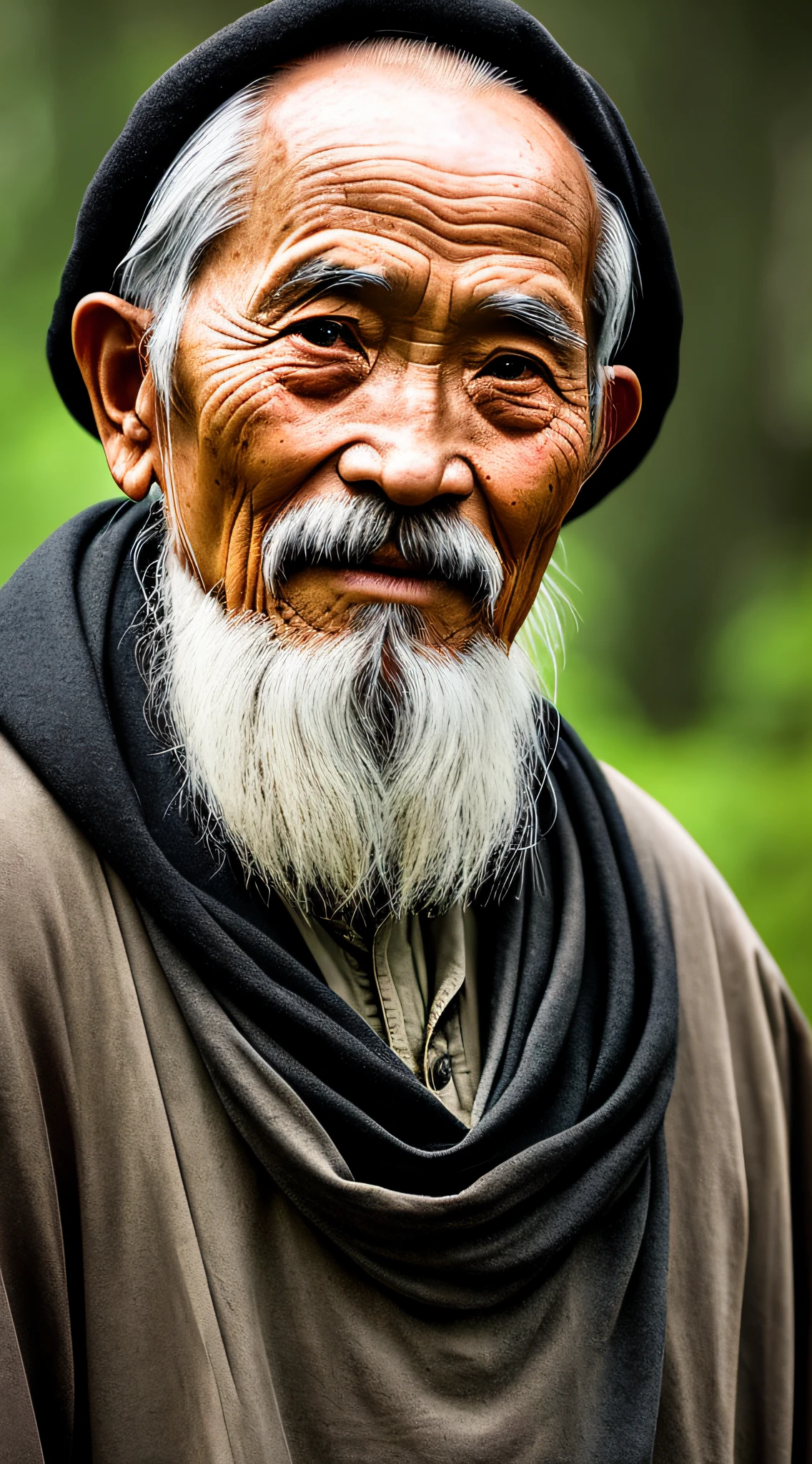 Portrait photography style, world masterpiece, super unique high professional digital art, film format, hyper-realism, color film photography with ultra-fine details and quality, background is deep in the forest, an old man in rural China, an old man with wisdom. One life. The mentor wears an old cloak and his eyes are kind and shrewd. His skin has been blackened and powerful by the sun and rain, and the wrinkles are fixed on the corners of his mouth and forehead, making it seem that his years have precipitated. Although wearing a dark gown, although simple in appearance, it exudes sublime wisdom and a sense of tenacity of strength.
