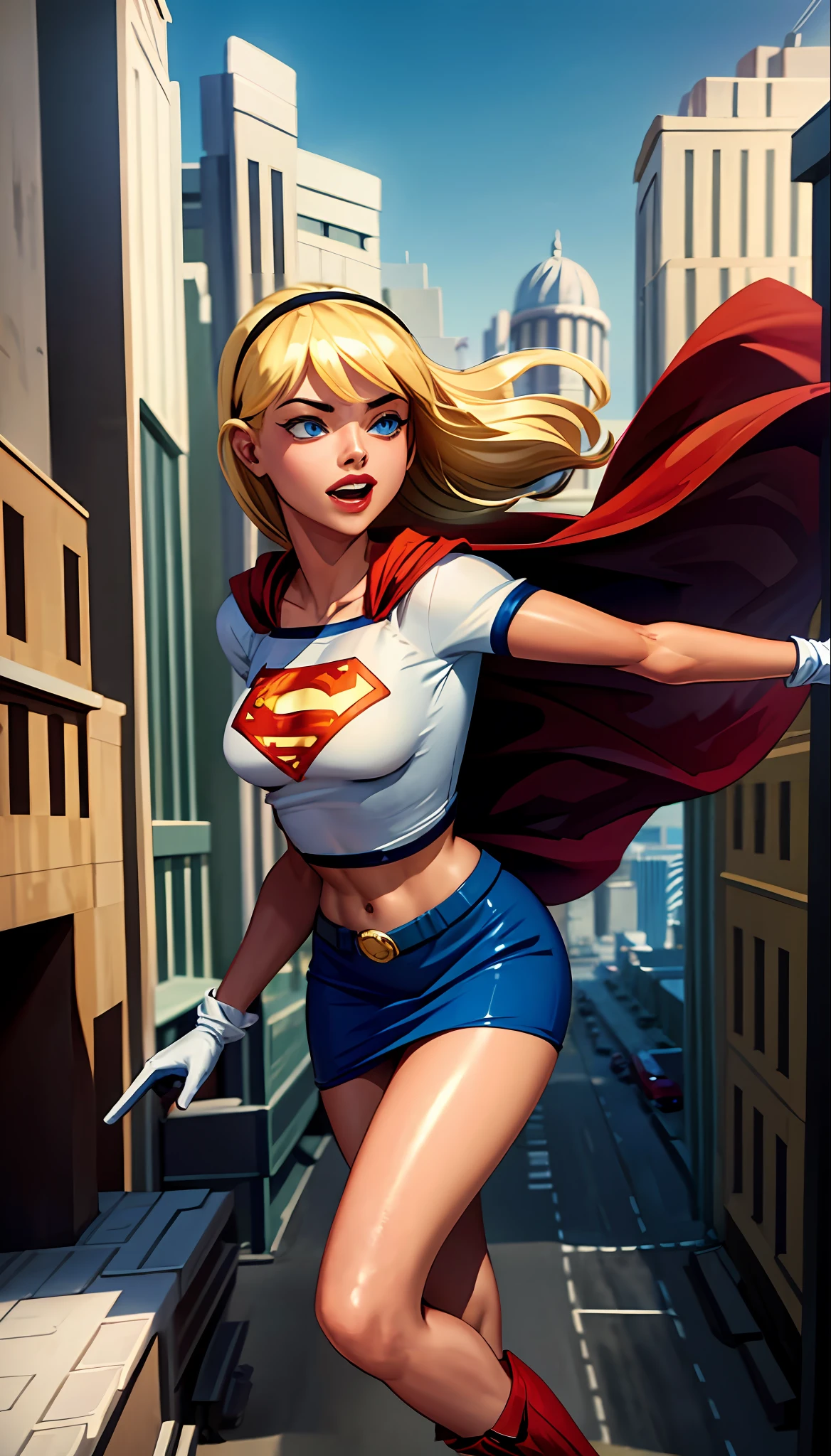 (cowboy shot), SFW, (masterpiece), (best quality: 1.0), (ultra highres: 1.0), detailed eyes,
BREAK
Supergirl, 1girl, long blonde hair, in the air, flying
Hair band, \(blue\) crop top, short sleeves, cape, red pencil skirt, gloves, boots
BREAK
(Morning sun, beautiful beaches, stunning view)