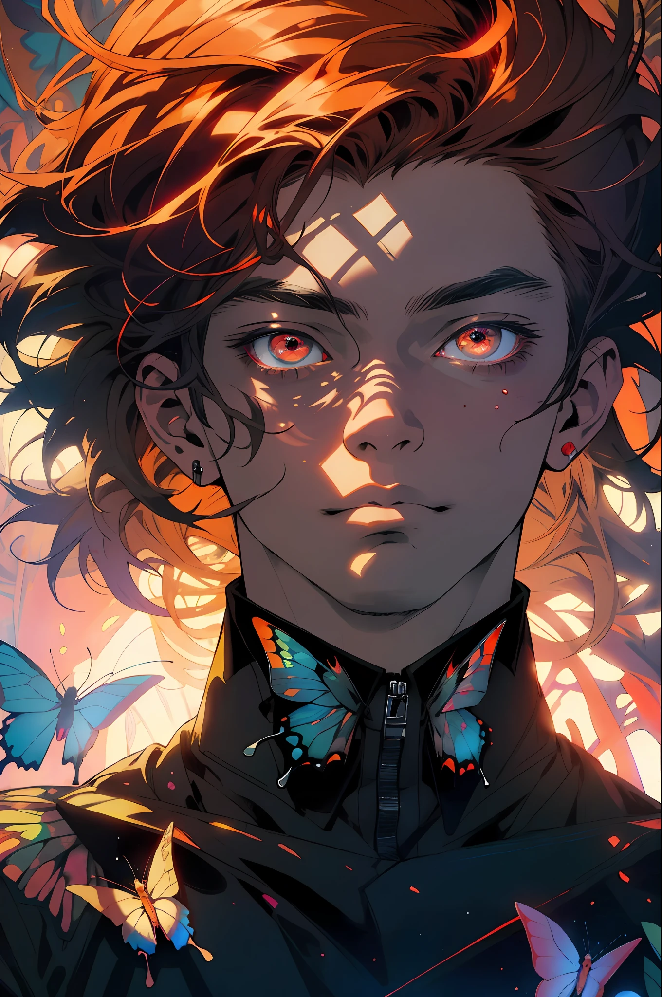 Realistic, (masterpiece, top quality, best quality, official art), very detailed, colorful, most detailed, gods, short hair, (glowing red eyes), mysterious, (magic), handsome man, butterfly