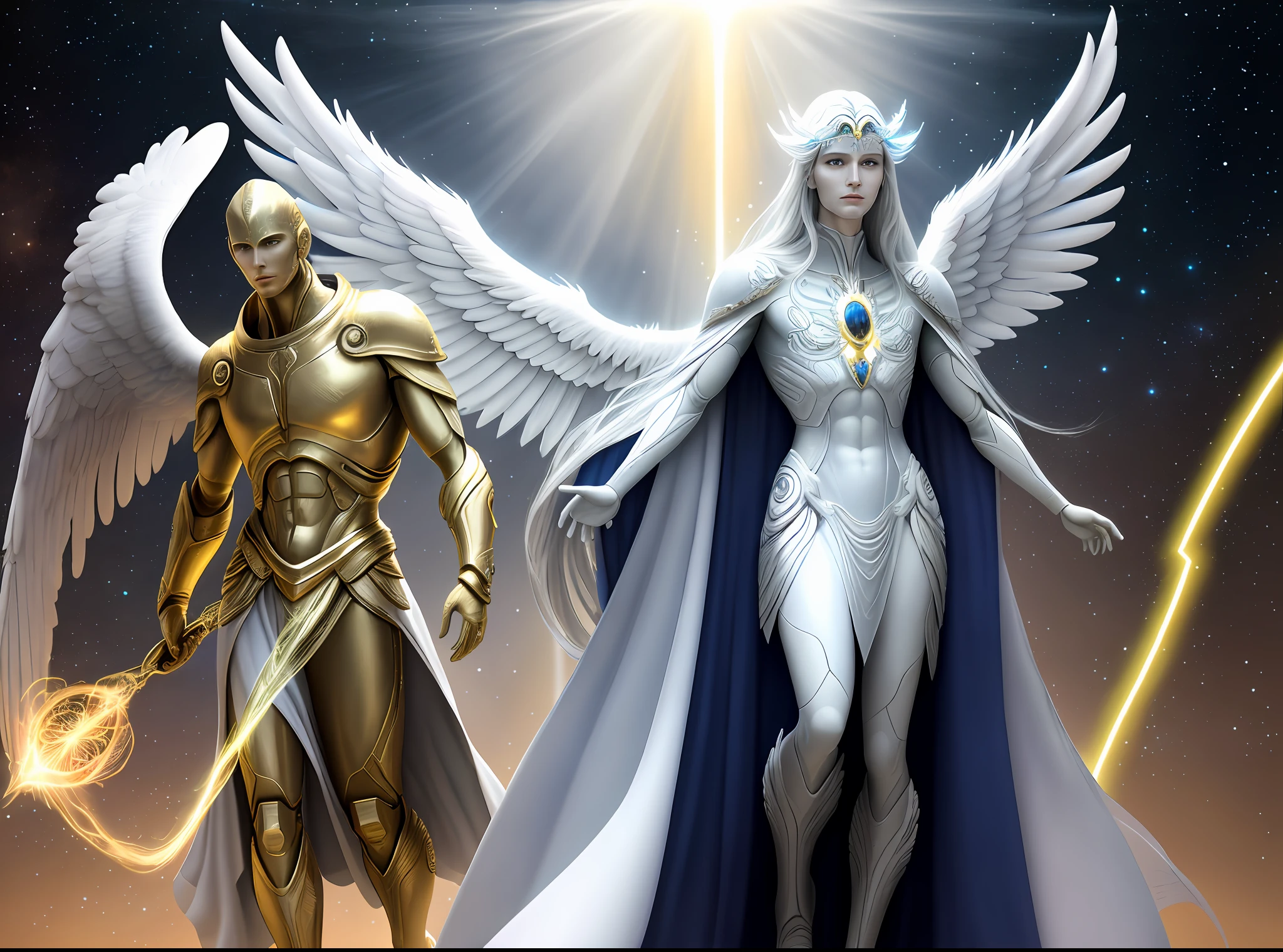 Alien appearance humans, angelic, selestial, full body, beautiful, spiritual being, benevolent, with an aura on the head, sorindo, with radiant energy, archangel miguel style, galactic confederation, high quality, ultra-realistic, professional photography, human,