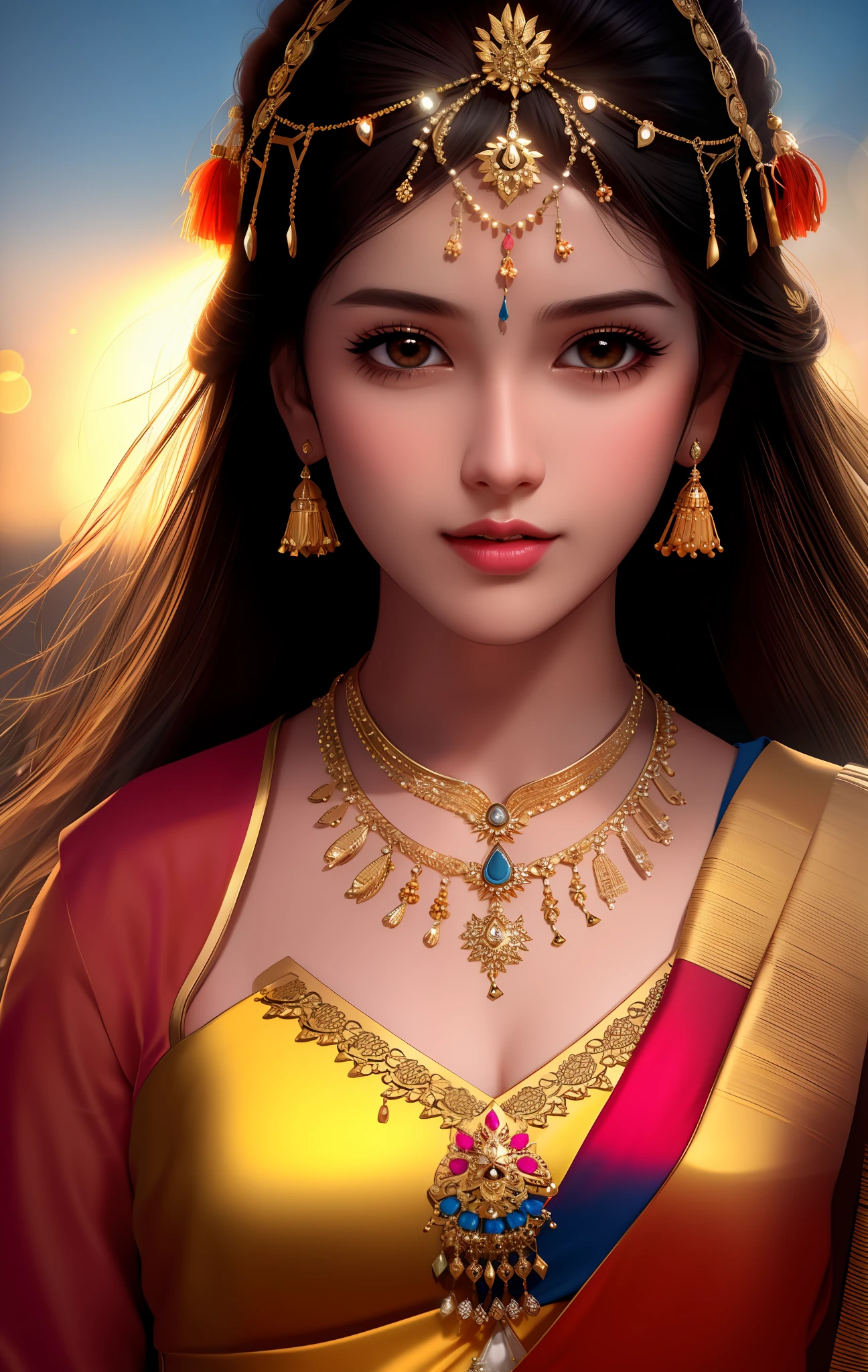 best quality, masterpiece, highres, 1girl, Indian dress,hair ornament,necklace, jewelry,Beautiful face,upon_body, tyndall effect,photorealistic, dark studio, rim lighting, two tone lighting,(high detailed skin:1.2), 8k uhd, dslr, soft lighting, high quality, volumetric lighting, candid, Photograph, high resolution, 4k, 8k, Bokeh