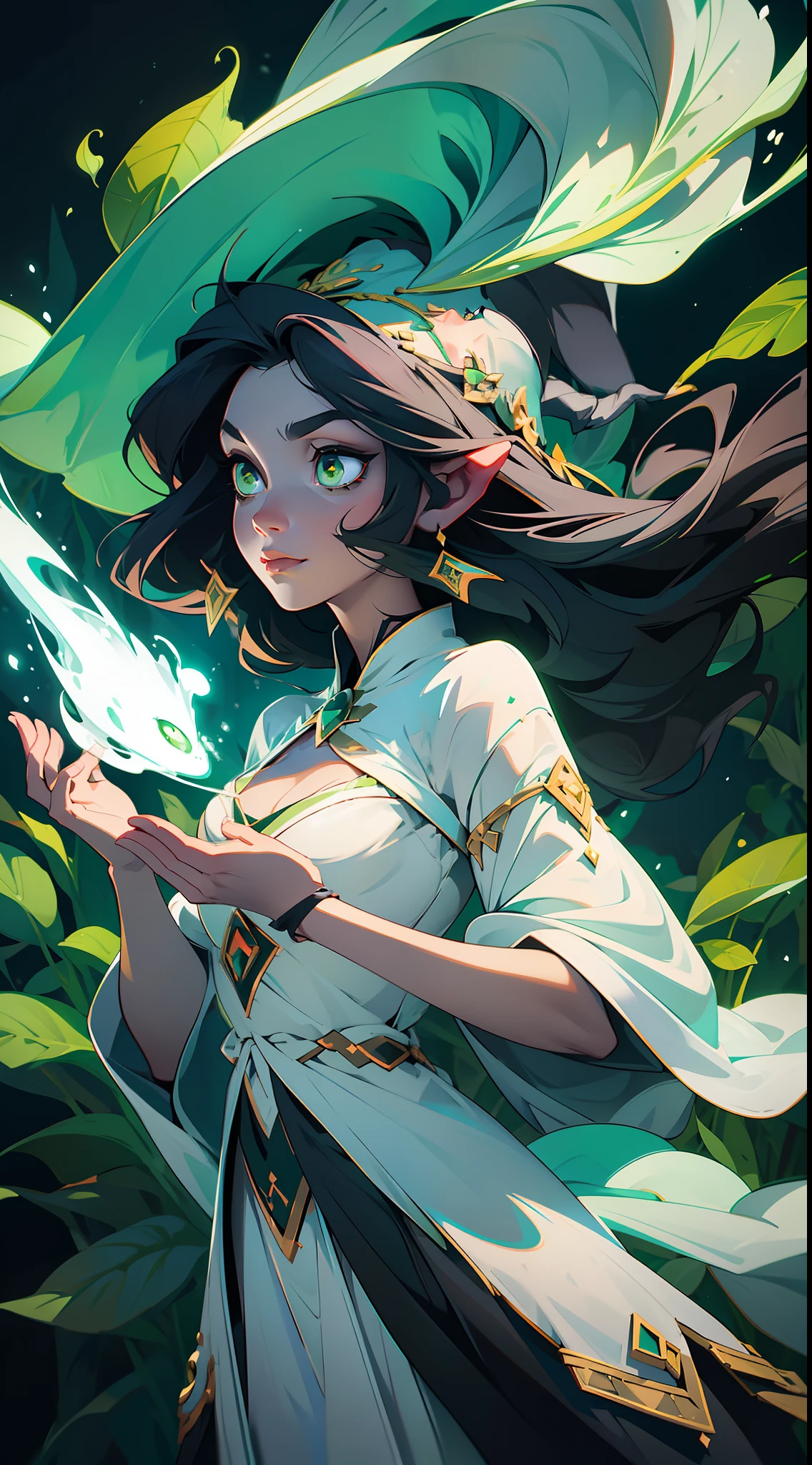 "A mysterious and potent witch with black hair and green eyes, clad in a flowing white dress, is seen levitating above an enchanted forest surrounded by magical energy. (witch:1.5), (black hair:1.1), (green eyes:1.1), (white dress:1.1), (floating:1.2), (enchanted forest:1.3), (magical power:1.2)"