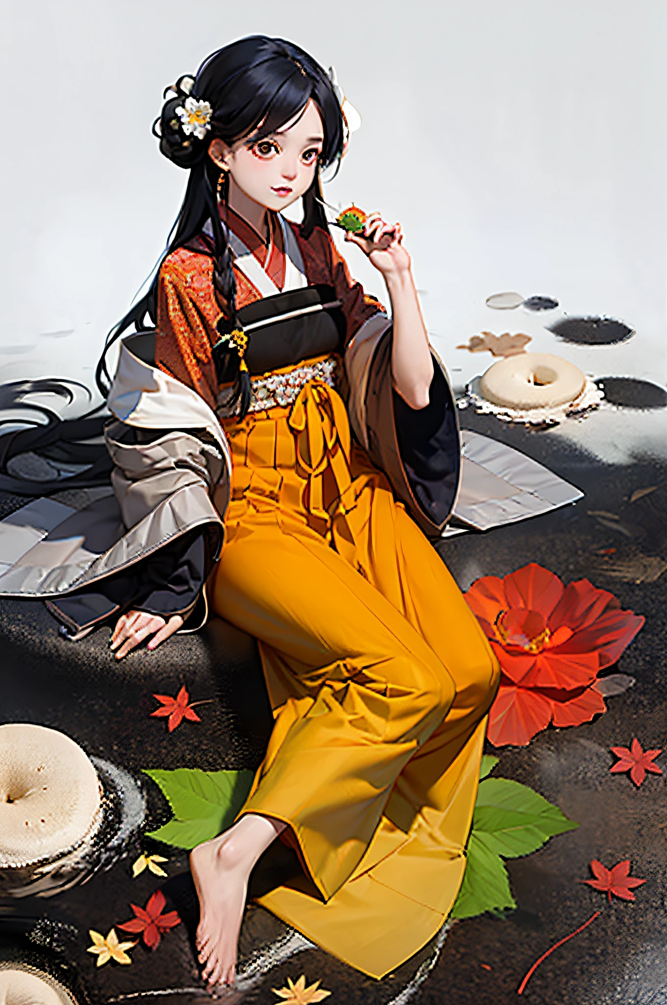 masterpiece, best quality, hanfukozue, 1girl, black hair, bug, butterfly, barefoot, solo, hair ornament, sitting, hanfu, chinese clothes, anklet, leaf, fruit, jewelry, white background, long sleeves, simple background, food, grapes, full body, single hair bun, holding, hair stick, wide sleeves, hair bun, smile, yokozuwari, looking at viewer, long hair, closed mouth, hand up, flower, holding leaf, on floor