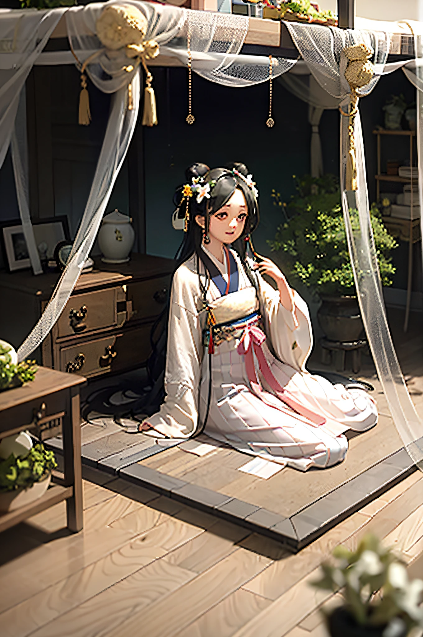 masterpiece, best quality, hanfukozue, 1girl, black hair, bug, butterfly, barefoot, solo, hair ornament, sitting, hanfu, chinese clothes, anklet, leaf, fruit, jewelry, white background, long sleeves, simple background, food, grapes, full body, single hair bun, holding, hair stick, wide sleeves, hair bun, smile, yokozuwari, looking at viewer, long hair, closed mouth, hand up, flower, holding leaf, on floor