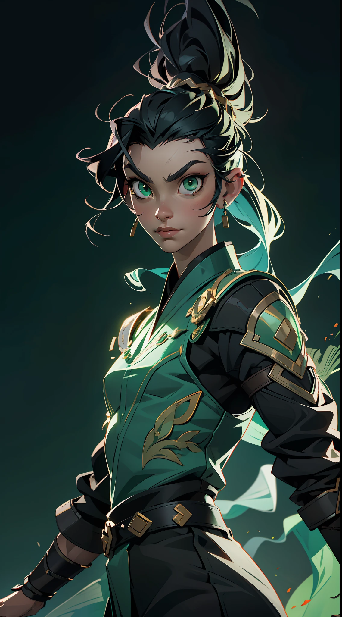 "(Extremely detailed CG Unity 8k wallpaper) depicting a (masterpiece) with a stunning (talented warrior) who exudes (charisma), boasting sharp (piercing green eyes) and intense (black hair) that hints to a (mysterious) persona."