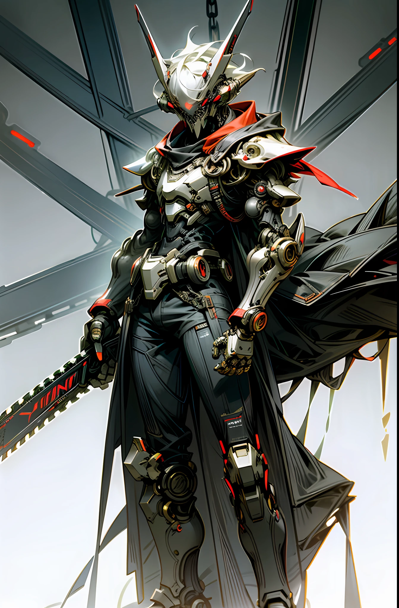 Dark_Fantasy, Cyberpunk, (chain saw, chain saw man), 1man, Mechanical marvel, Robotic presence, Cybernetic guardian, black armor, dark red glowing eyes, wielding a black maluture long knife in his hand, producing a terrifying white mist