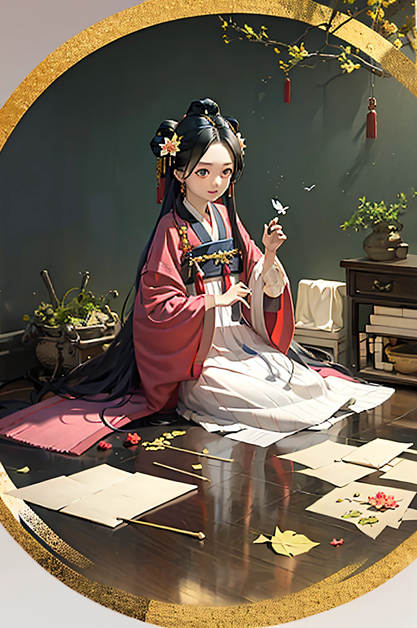 masterpiece, best quality, hanfukozue, 1girl, black hair, bug, butterfly, barefoot, solo, hair ornament, sitting, hanfu, chinese clothes, anklet, leaf, fruit, jewelry, white background, long sleeves, simple background, food, grapes, full body, single hair bun, holding, hair stick, wide sleeves, hair bun, smile, yokozuwari, looking at viewer, long hair, closed mouth, hand up, flower, holding leaf, on floor