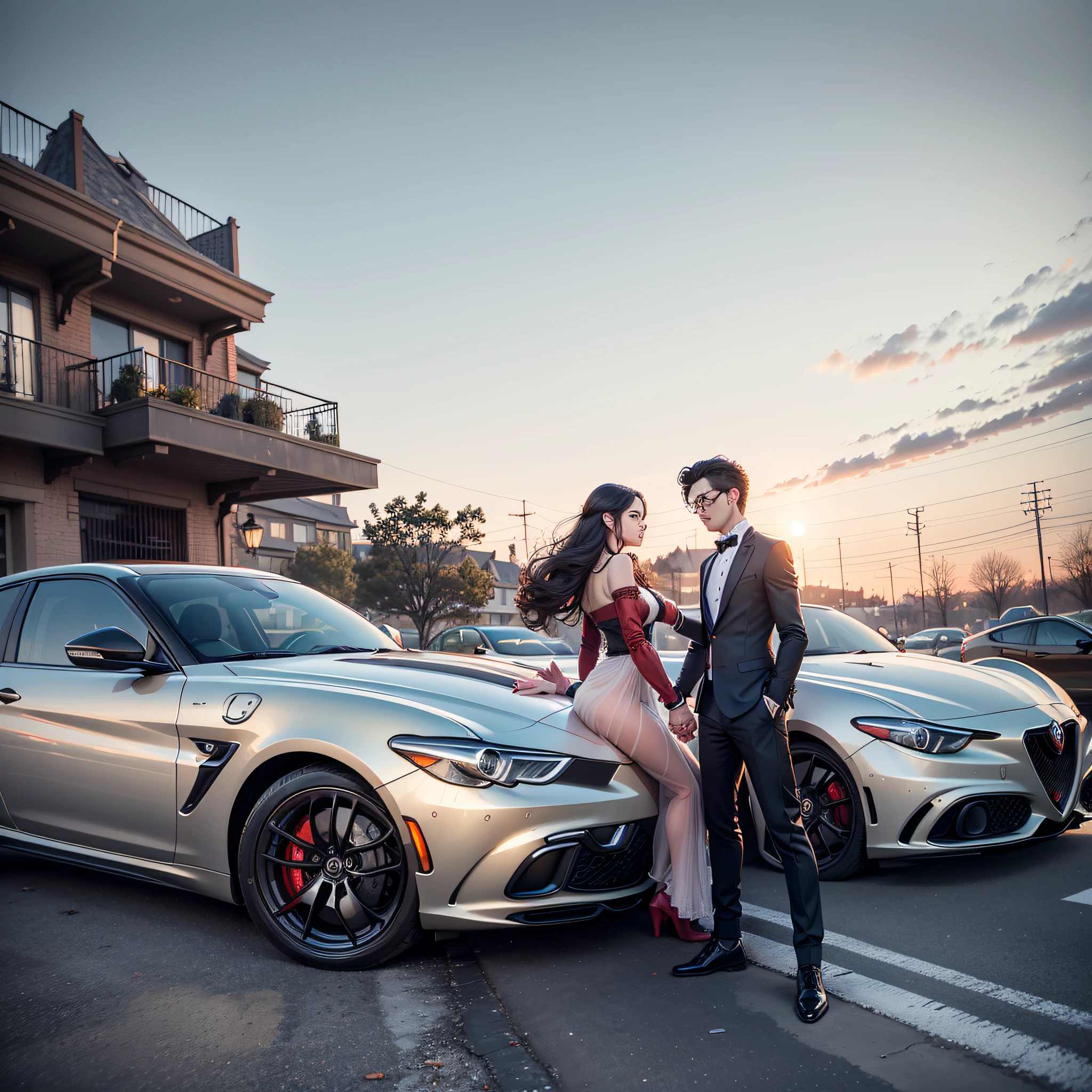 (8K wallpaper, masterpiece, best quality, ultra-detailed), (soft lighting, delicately beautiful), boy and girl holding hands, Alfa Romeo Juliet parked next to it, duplex building as background. --auto --s2