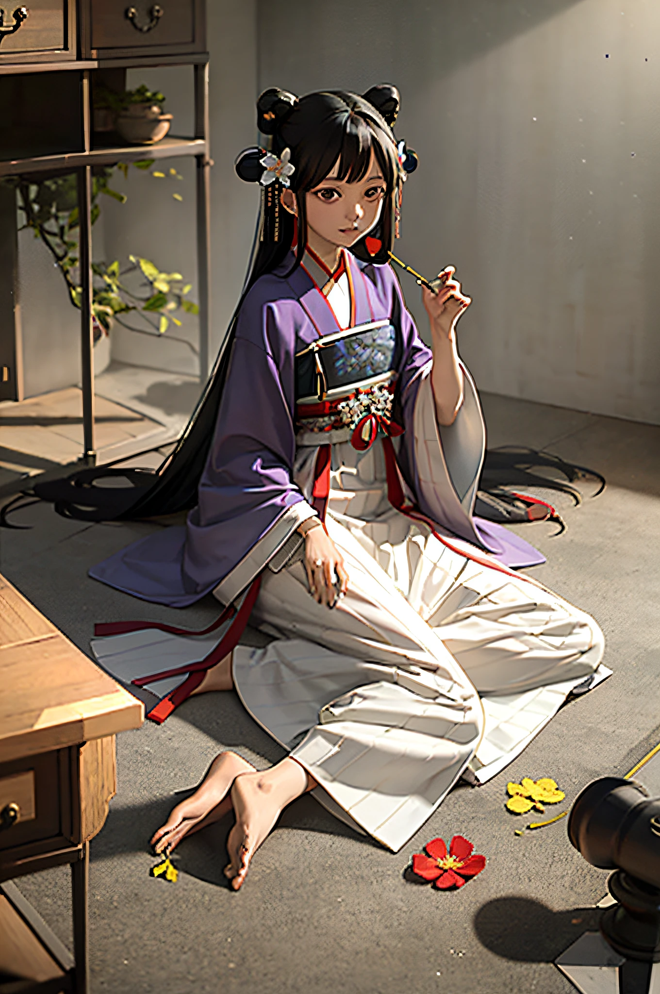 masterpiece, best quality, hanfukozue, 1girl, black hair, bug, butterfly, barefoot, solo, hair ornament, sitting, hanfu, chinese clothes, anklet, leaf, fruit, jewelry, white background, long sleeves, simple background, food, grapes, full body, single hair bun, holding, hair stick, wide sleeves, hair bun, smile, yokozuwari, looking at viewer, long hair, closed mouth, hand up, flower, holding leaf, on floor