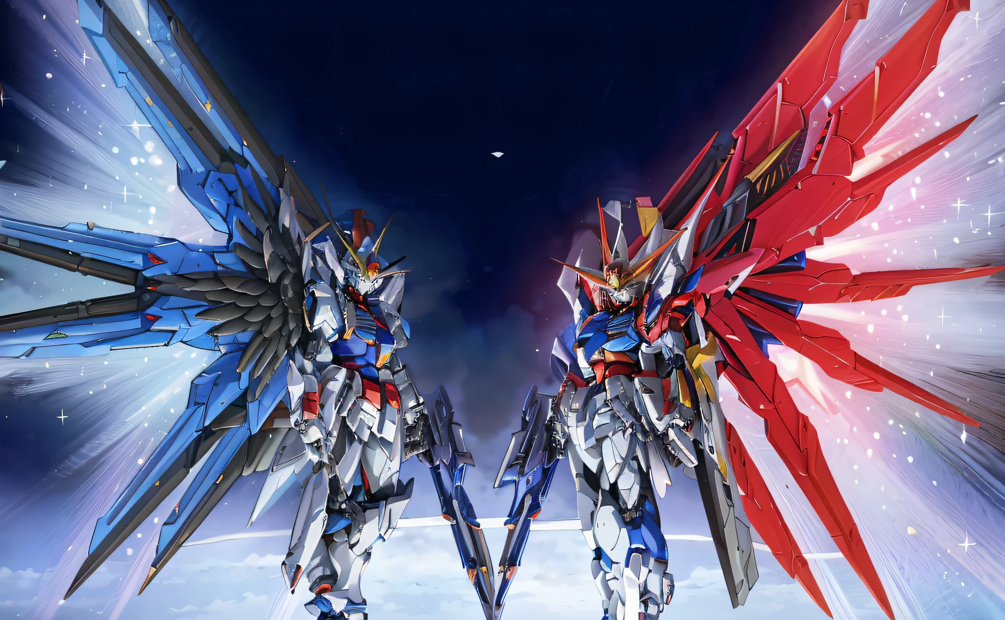 two anime characters are standing in front of a blue background, gundam style, super robot wars, gundam, mecha wings, on a gundam, high detailed official artwork, modern mecha anime, mobile suit, gundam is windmill shaped, official artwork hdr, gundam wing style armor, official anime artwork, mobile suit gundam, gundam armor, anime”, hd artwork, gundam robot