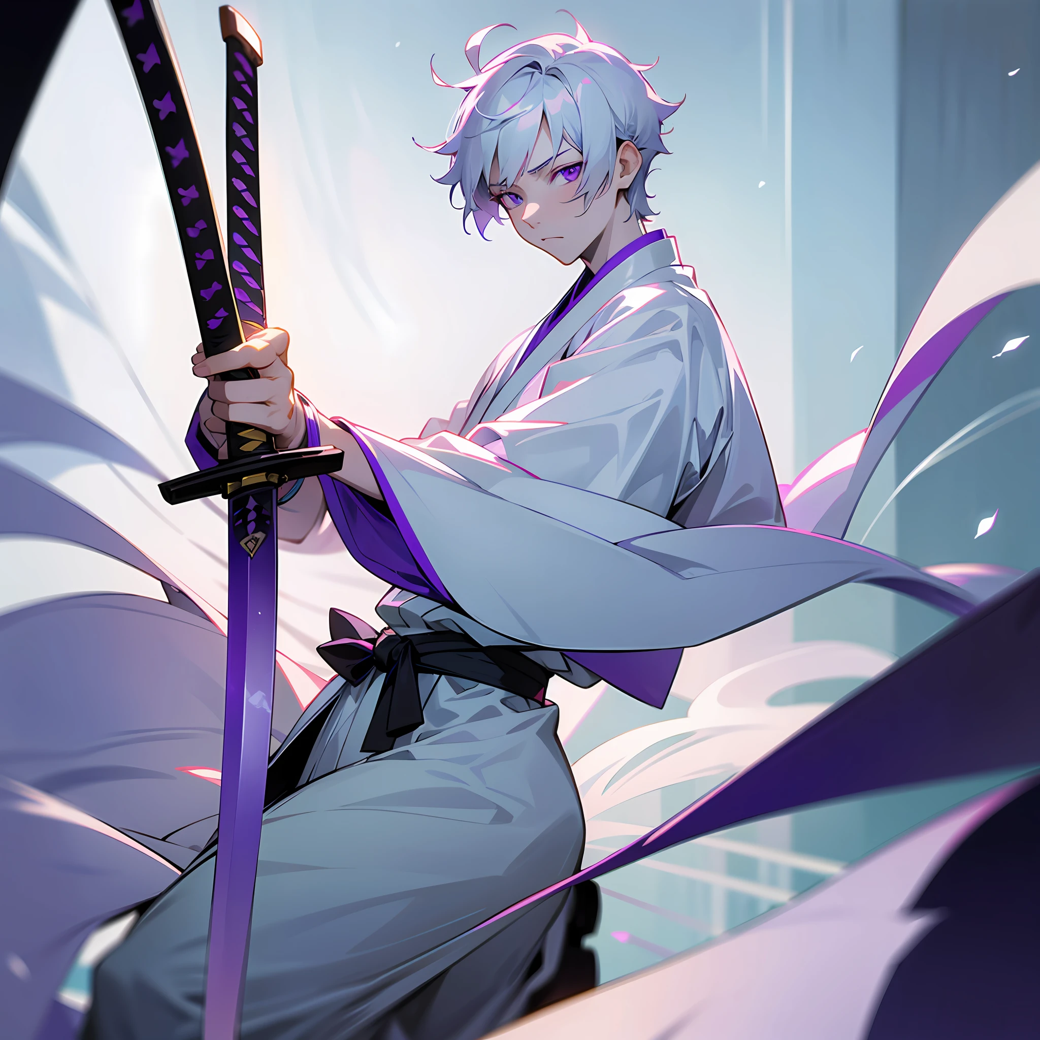 white skin, ultra beautiful face, following a katana, sword, ambient light, pessonage, full body, anime, boy with short hair, silver white, purple eyes, beautiful eyes, shy, perfect. Maximum quality.
