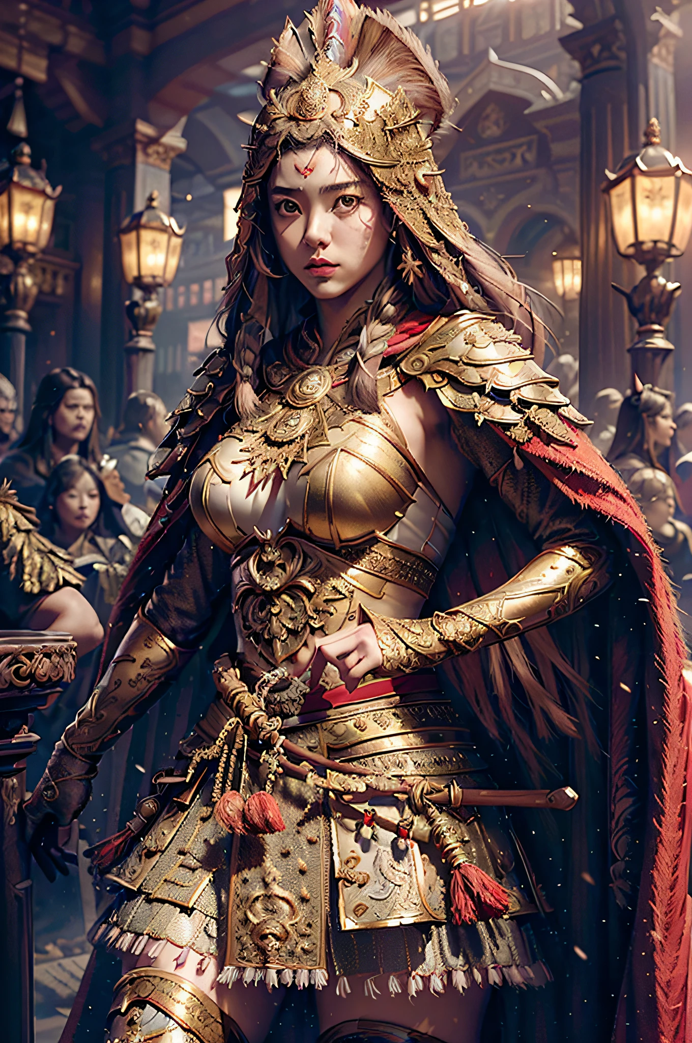 ((masterpiece))), (((best quality))), ((ultra-detailed)), (hyperrealistic), (highly detailed CG illustration), cinematic light, photorealistic ,extremely beautiful young lady, light makeup, big breast, intricate detailed eaba, red cape, spear