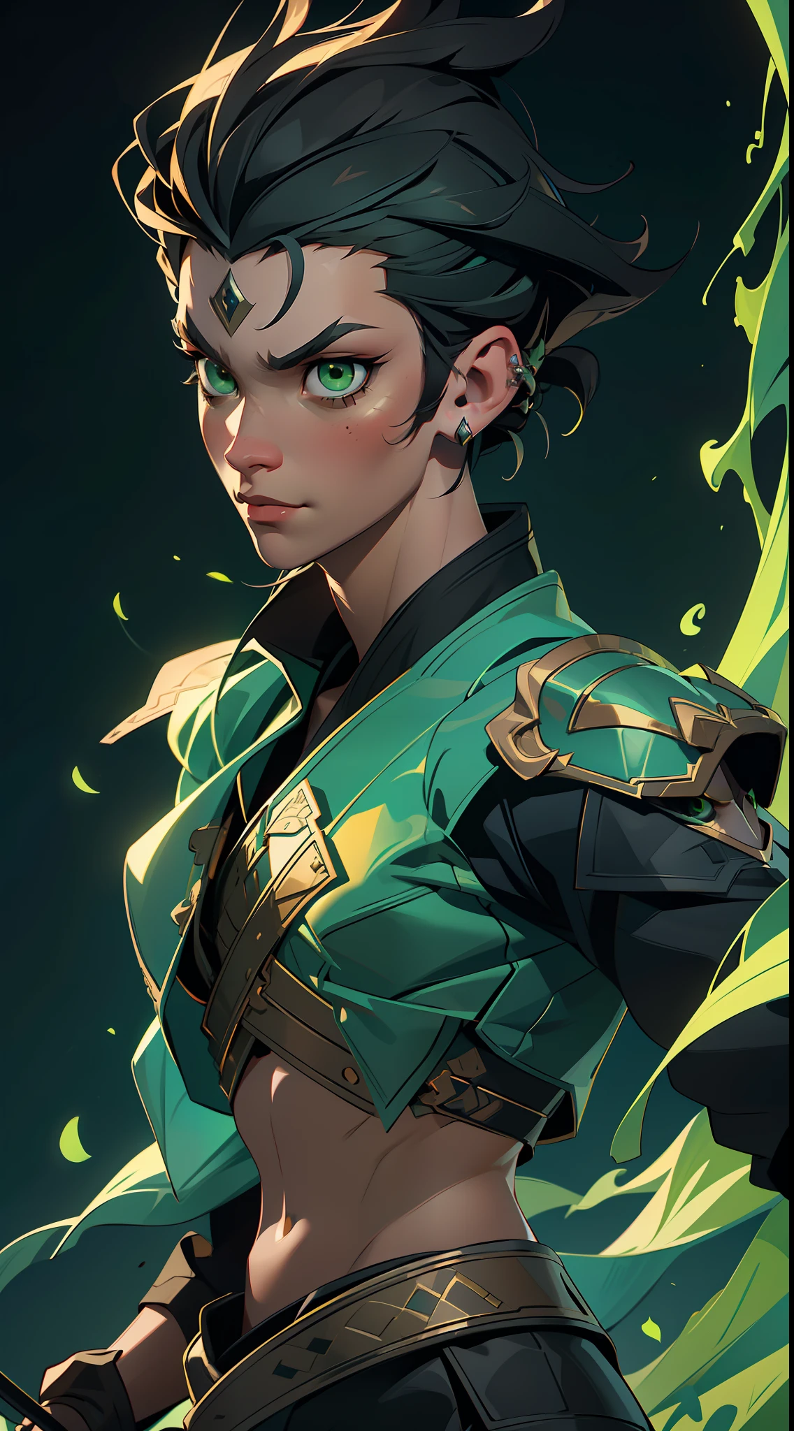 "(Extremely detailed CG Unity 8k wallpaper) depicting a (masterpiece) with a stunning (talented warrior) who exudes (charisma), boasting sharp (piercing green eyes) and intense (black hair) that hints to a (mysterious) persona."