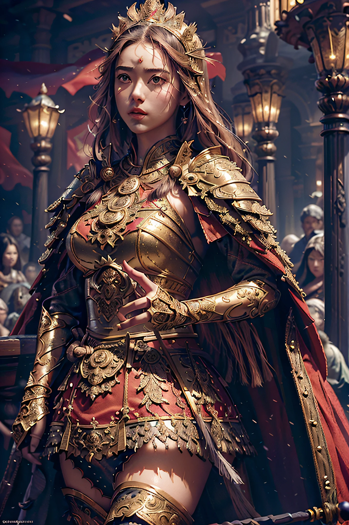 ((masterpiece))), (((best quality))), ((ultra-detailed)), (hyperrealistic), (highly detailed CG illustration), cinematic light, photorealistic ,extremely beautiful young lady, light makeup, big breast, intricate detailed eaba, red cape, spear