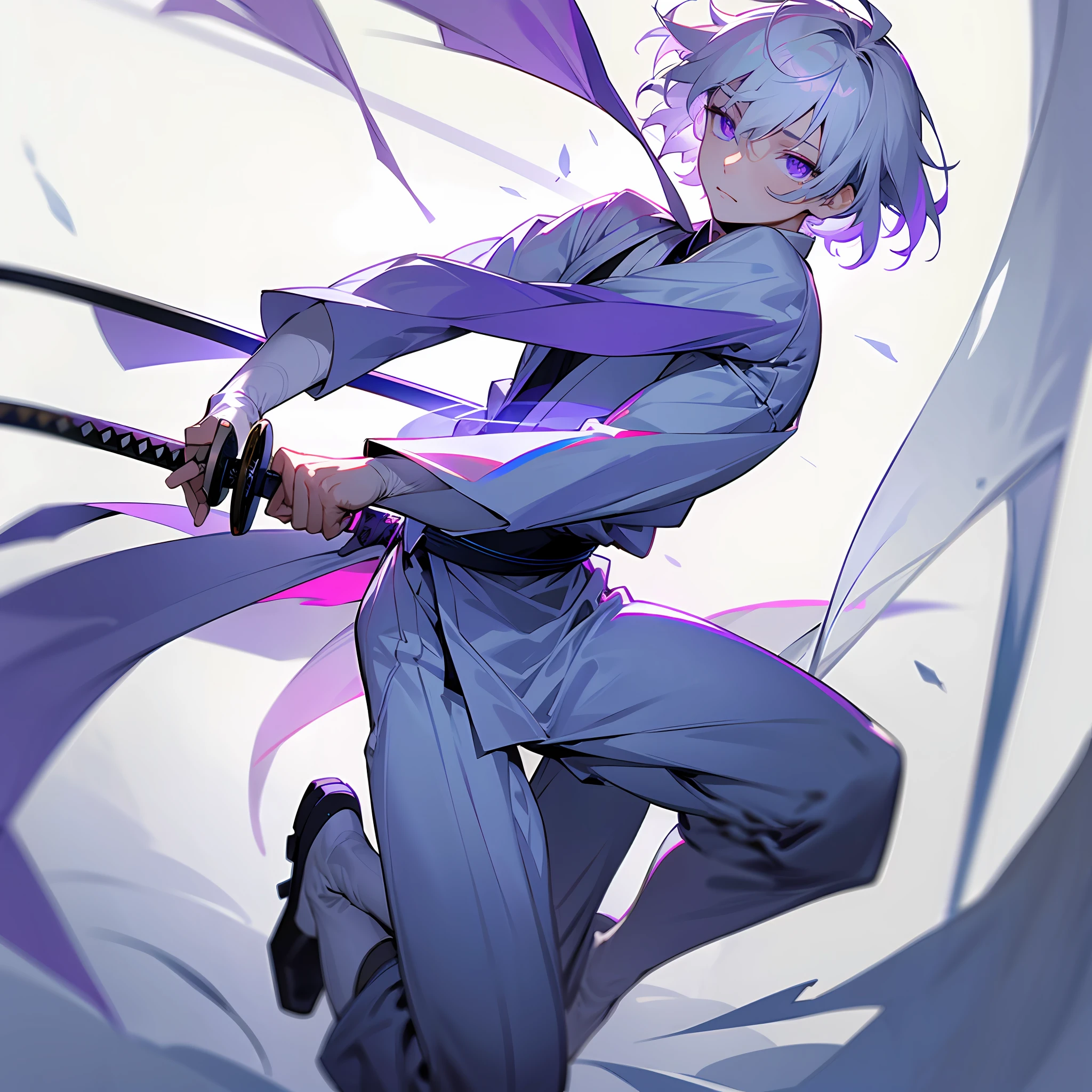 white skin, ultra beautiful face, following a katana, sword, ambient light, pessonage, full body, anime, boy with short hair, silver white, purple eyes, beautiful eyes, shy, perfect. Maximum quality.
