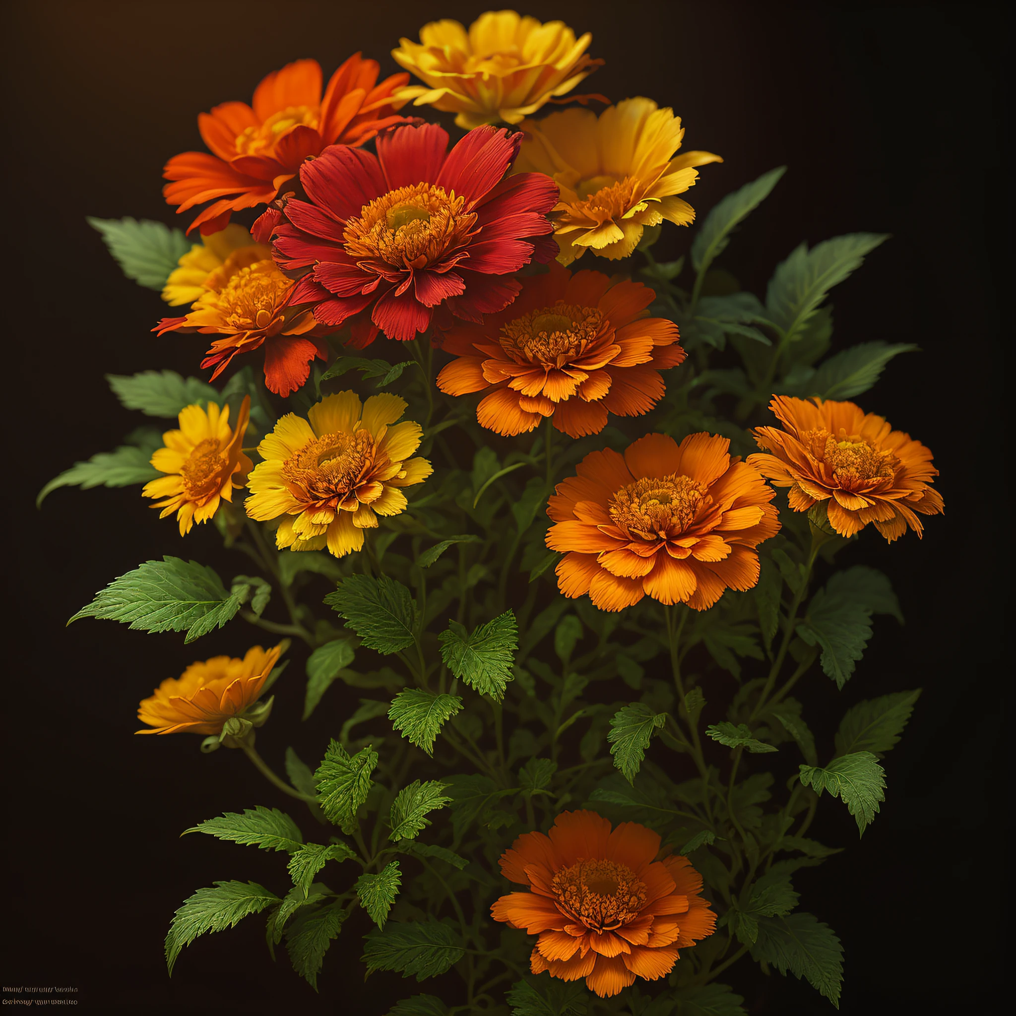 A flower by Casey Weldon, Olga Kvasha, Miho Hirano, hyperdetailed intricately detailed gothic art trending on Artstation triadic colors Unreal Engine 5 detailed matte painting, deep color, fantastical, intricate detail, splash screen, complementary colors, fantasy concept art, 8k resolution, gothic deviantart masterpiece, (dark shot:0.9), art by greg rutkowski and artgerm, soft cinematic light, adobe lightroom, photolab, hdr, intricate, highly detailed,   marigold