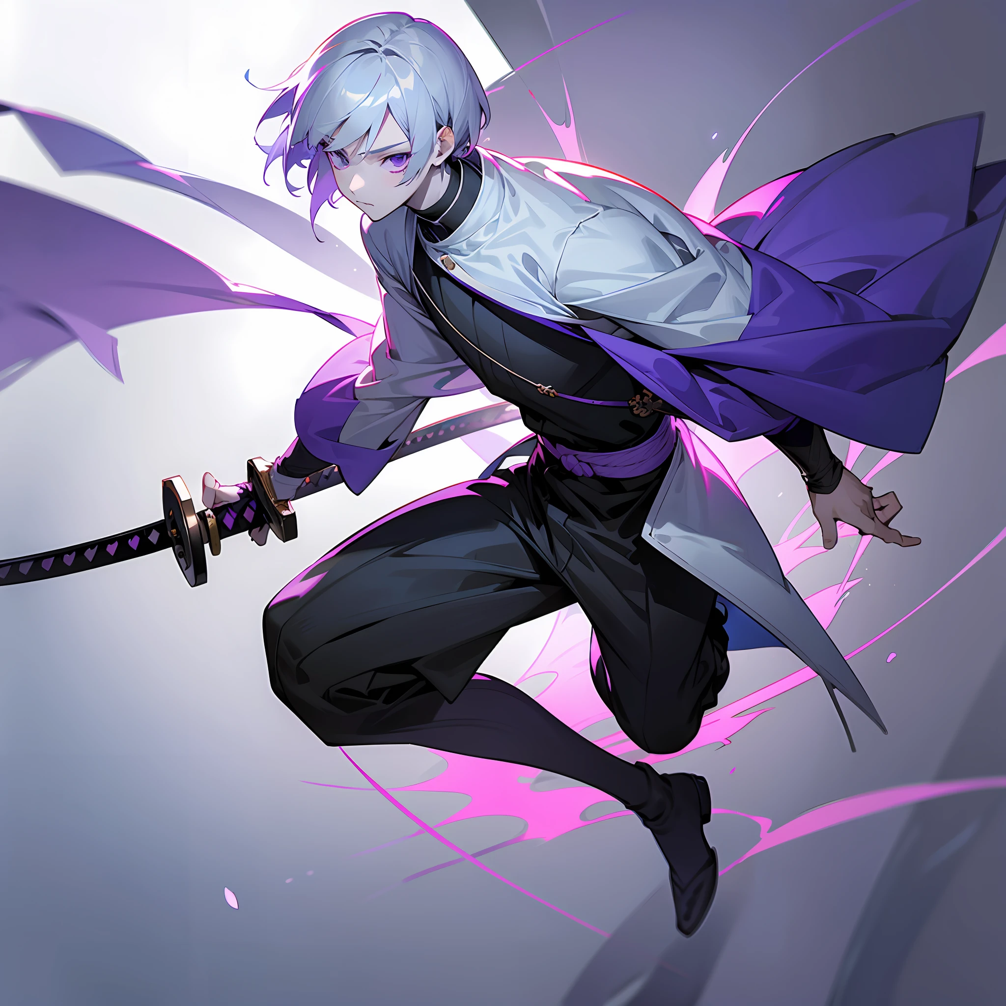 white skin, ultra beautiful face, following a katana, sword, ambient light, pessonage, full body, anime, boy with short hair, silver white, purple eyes, beautiful eyes, shy, perfect. Maximum quality.