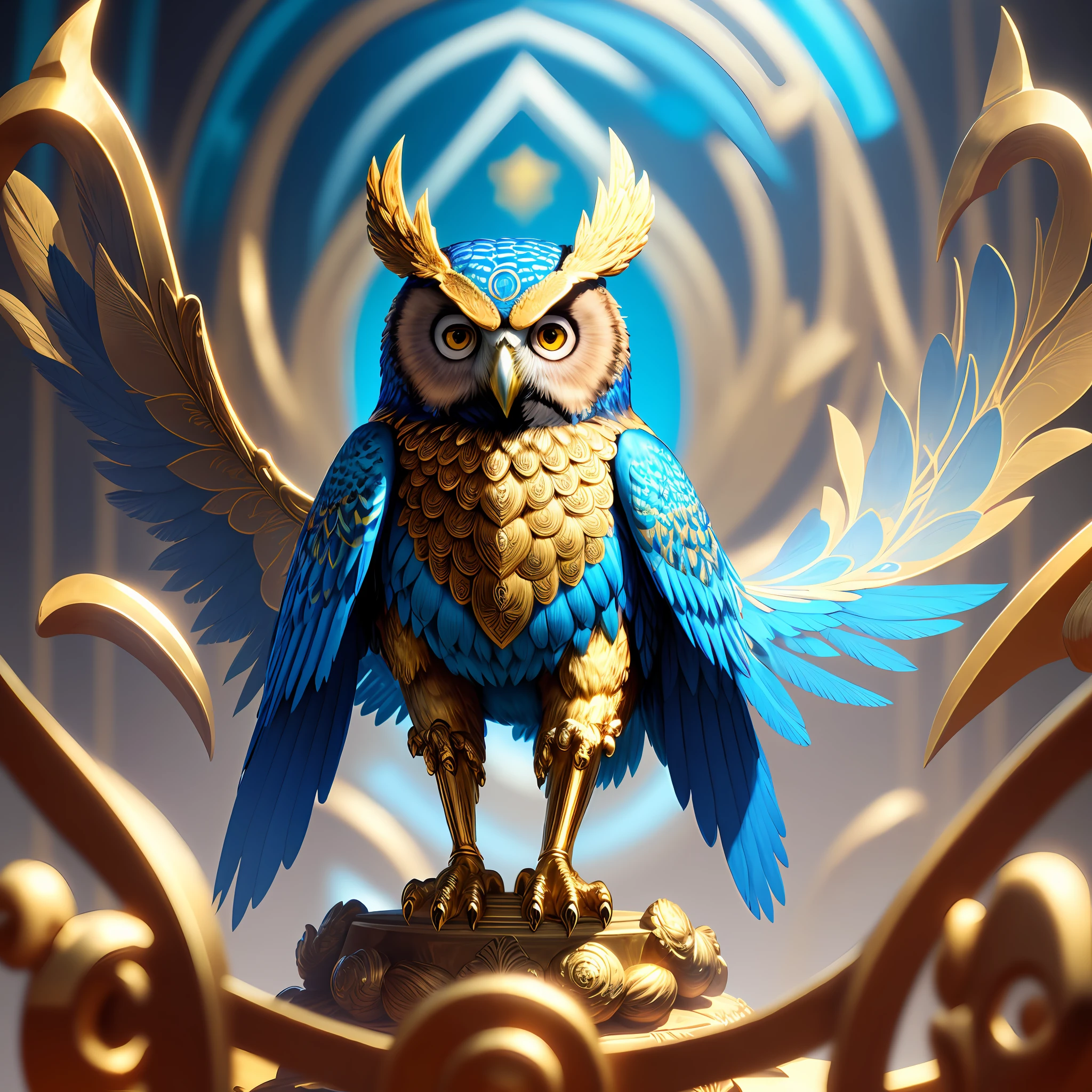 Golden blue owl, bright colors, background with sculptures made of gold, 8k quality, cinematic focus, splendid