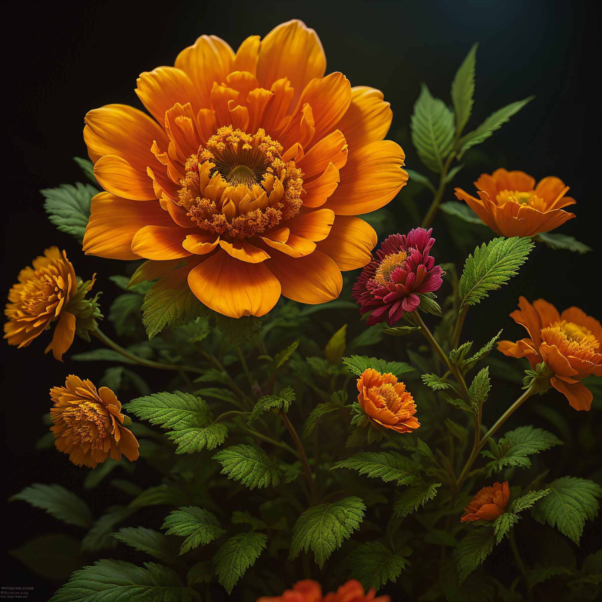 A flower by Casey Weldon, Olga Kvasha, Miho Hirano, hyperdetailed intricately detailed gothic art trending on Artstation triadic colors Unreal Engine 5 detailed matte painting, deep color, fantastical, intricate detail, splash screen, complementary colors, fantasy concept art, 8k resolution, gothic deviantart masterpiece, (dark shot:0.9), art by greg rutkowski and artgerm, soft cinematic light, adobe lightroom, photolab, hdr, intricate, highly detailed, marigold