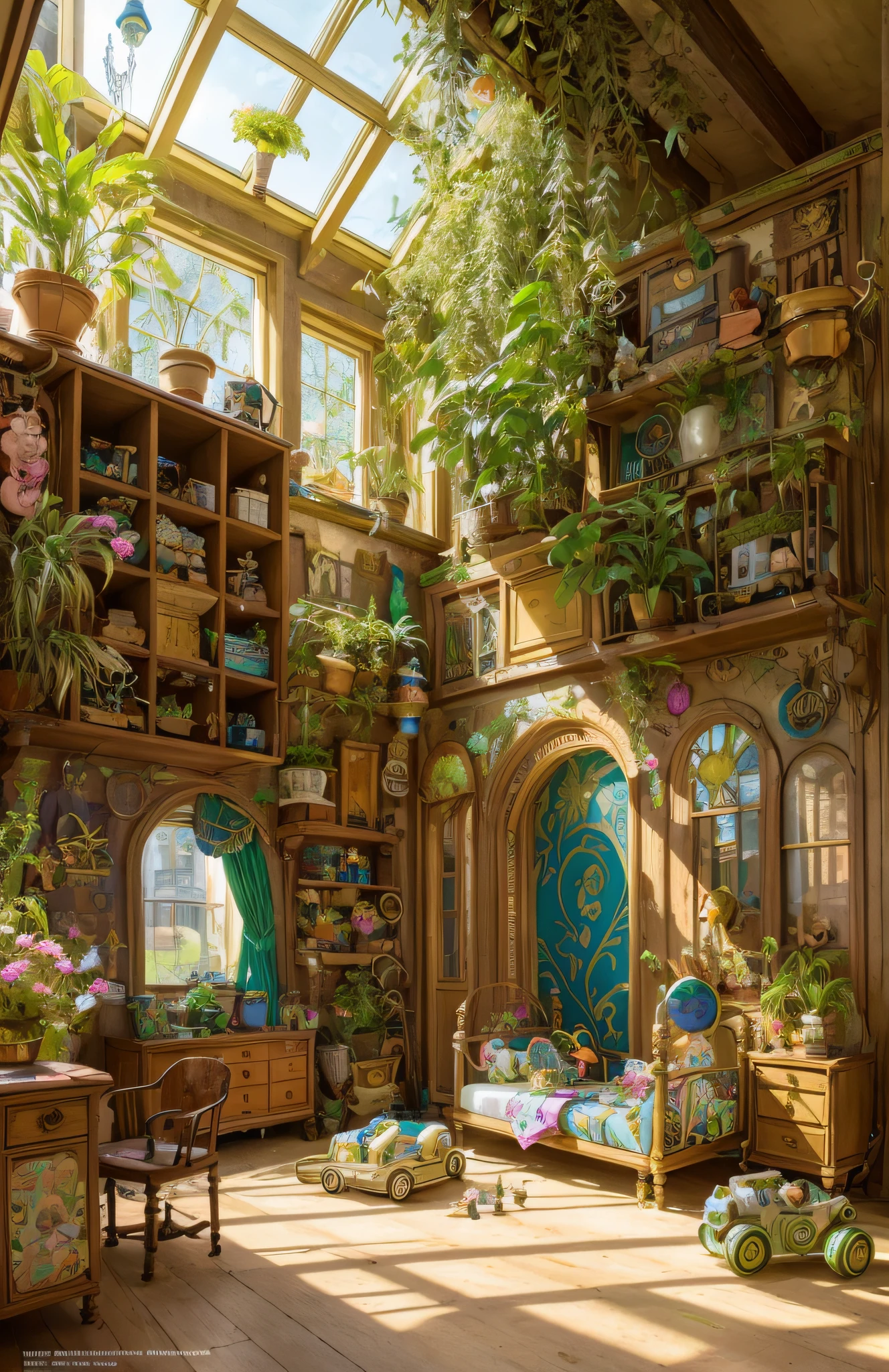 Architectural Digest photo of a {vaporwave/steampunk/solarpunk} ((Child room)) green, with a lot kid toys, with dolls, with a big bed, with flowers and plants, golden light, hyperrealistic surrealism, award-winning masterpiece with incredible detail, breathtakingly epic