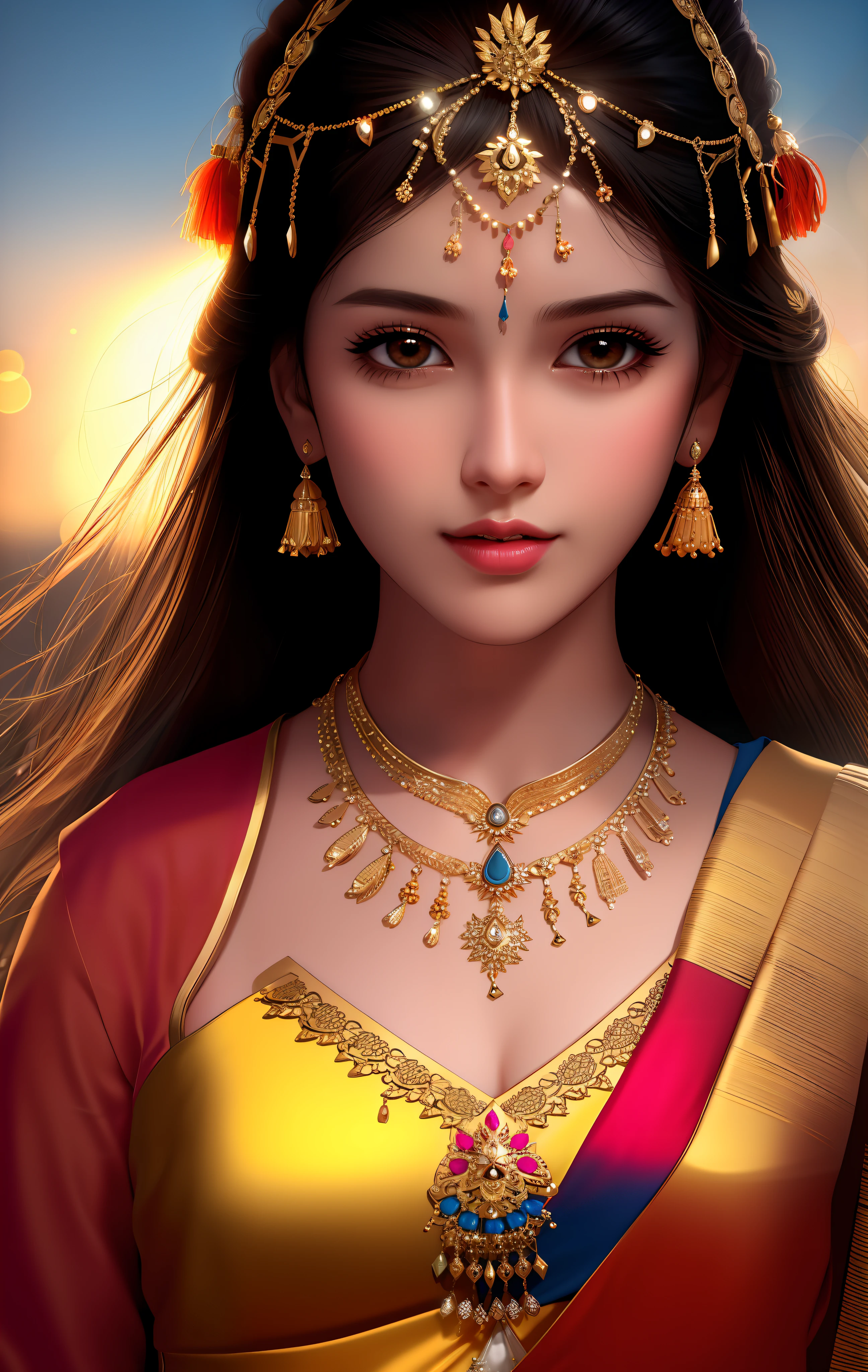 best quality, masterpiece, highres, 1girl, Indian dress,hair ornament,necklace, jewelry,Beautiful face,upon_body, tyndall effect,photorealistic, dark studio, rim lighting, two tone lighting,(high detailed skin:1.2), 8k uhd, dslr, soft lighting, high quality, volumetric lighting, candid, Photograph, high resolution, 4k, 8k, Bokeh