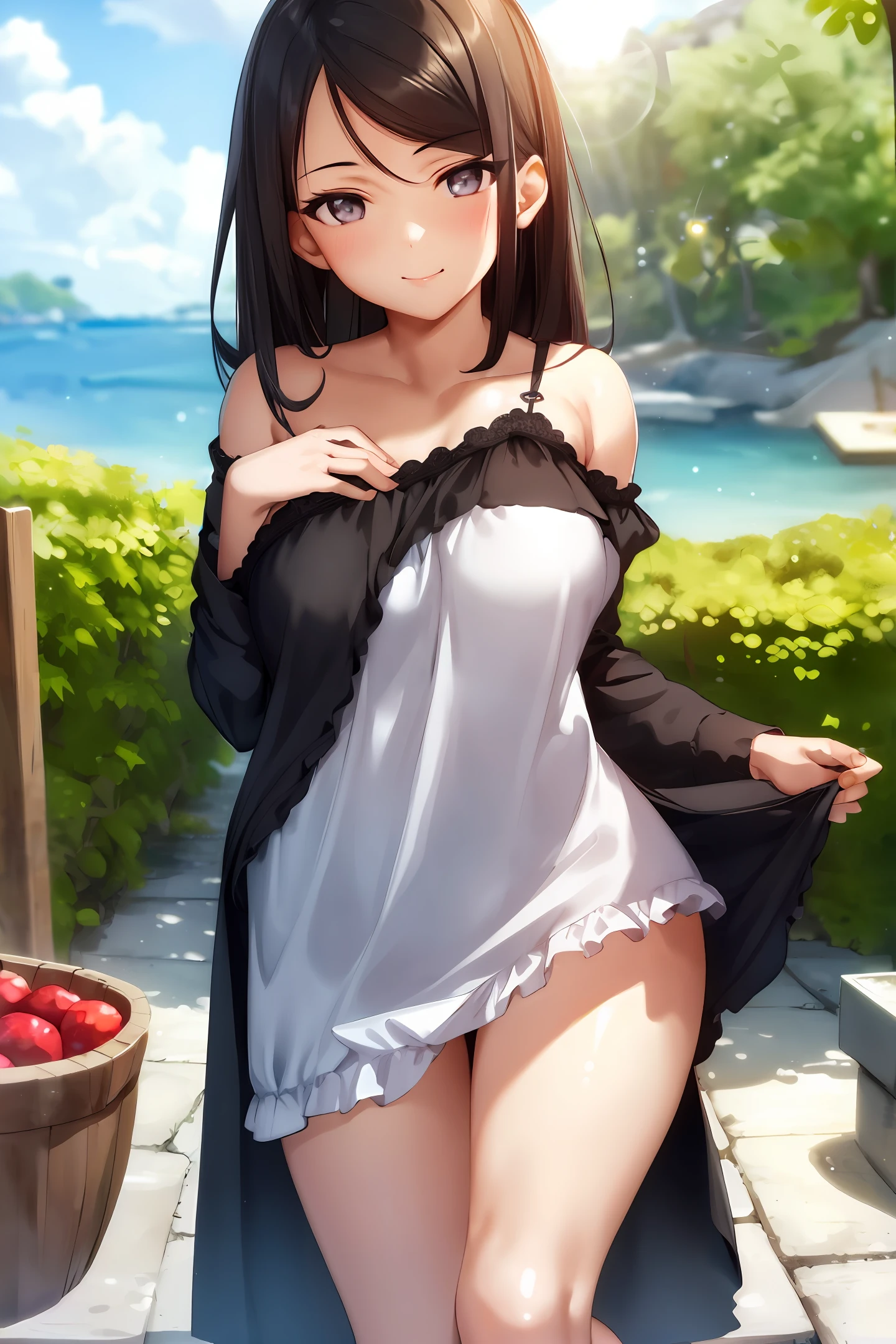 ((1 girl)), (nsfw:1.2), open,,expose shoulders,expose refreshing breasts, open clothes, hand held clothes, torn open, breast tip exposed, (highly detailed cg Unity 8k wallpaper), (masterpiece), (best quality), (super detailed), (best illustration), (best shadow), (best shadow), (PureErosFace_V1:0.5), Lens flare, (depth of field), (natural light), Ultra HD, (eye details), Charming smile, (Brunette) , ((Jet black nightdress))), (Exposed breasts), 18 years old,Provocative attitude, Right hand fingers 5, Left hand fingers 5