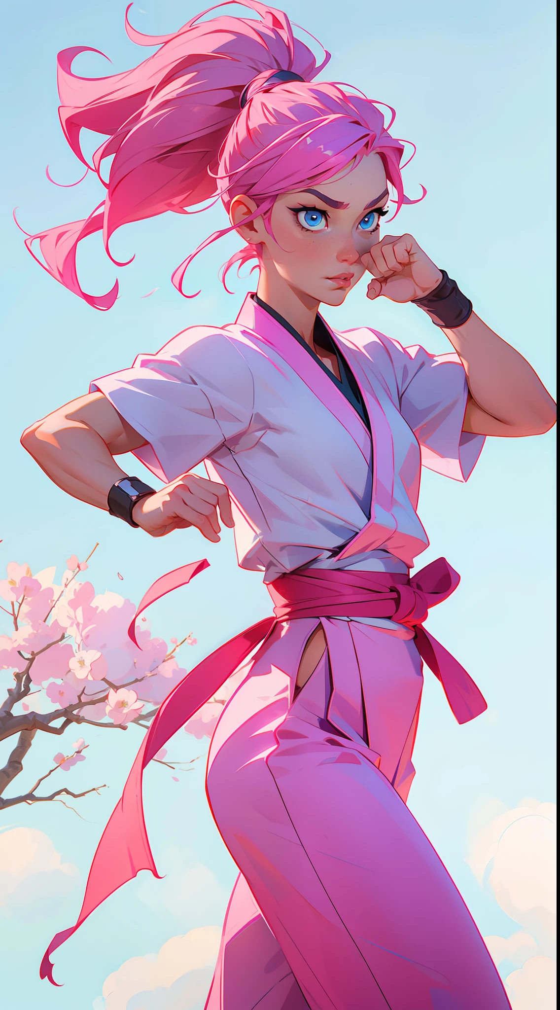 A martial arts fighter with pink hair and blue eyes.