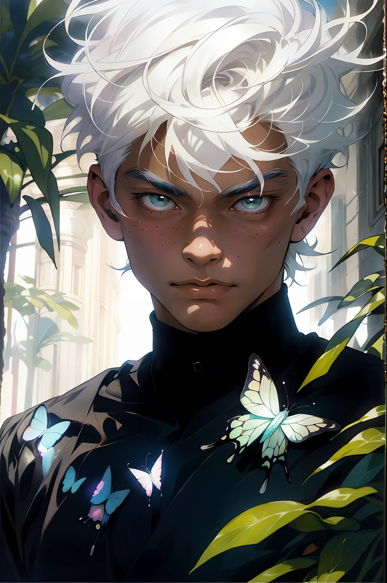 Realistic, (masterpiece, top quality, best quality, official art), very detailed, colorful, most detailed, gods, short hair, white hair, mysterious, (magic), handsome man, butterfly