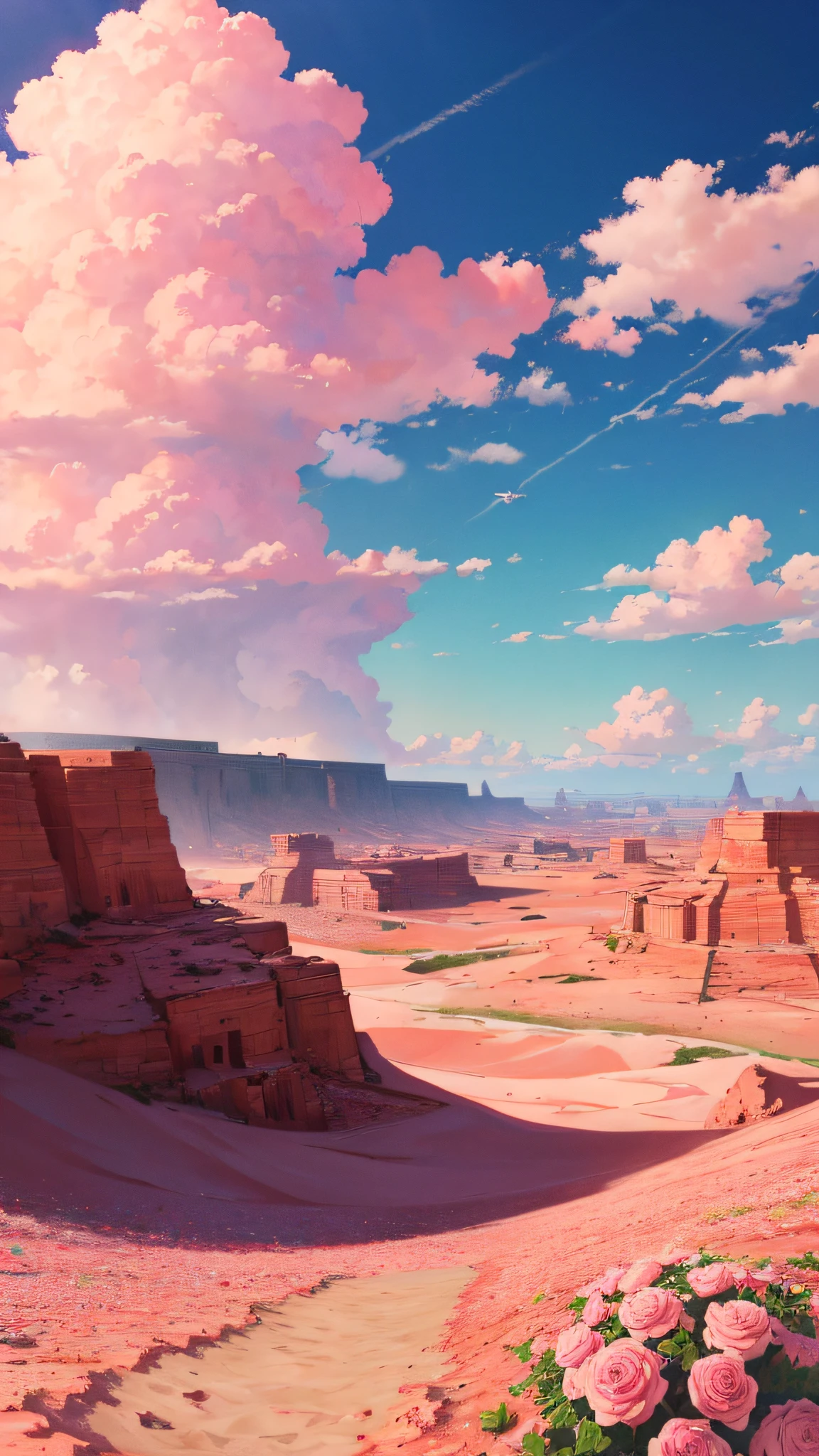 Summer, desert, pink clouds, a land overgrown with roses, James Gurney, art station rendering, ultra-wide lens, high definition