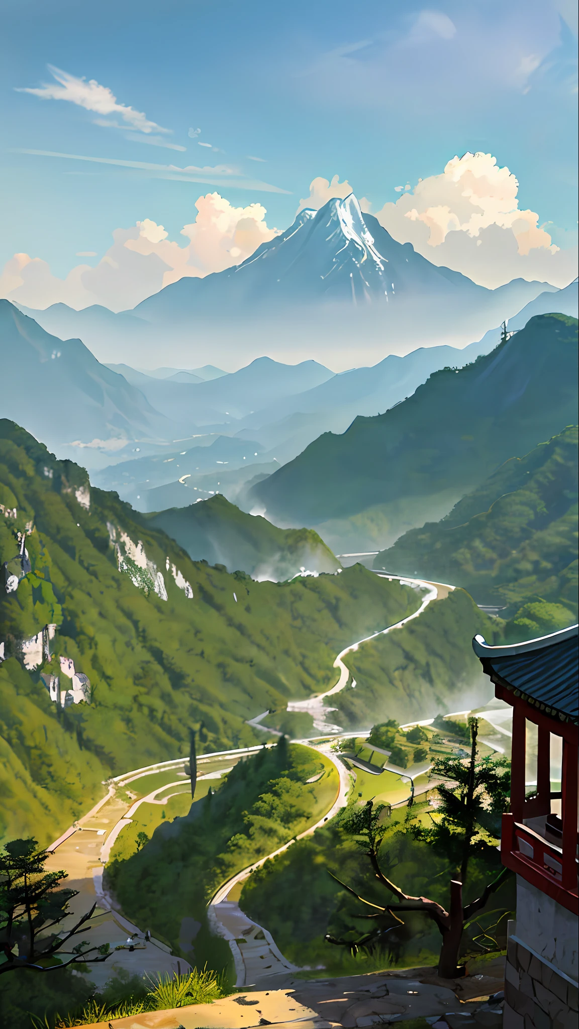 Chinese landscape with mountains and clouds in the sky, detailed scenery — width 672, mountain background, mountain background, landscape background, landscape artwork, anime landscape, sky forest background, mountain background, landscape background, hazy background, beautiful mountain background, chinese watercolor style, atmospheric fantasy sky, ancient city landscape, island background, no characters, no buildings, early morning,
No steep cliffs, southern China, Baiyun Mountain