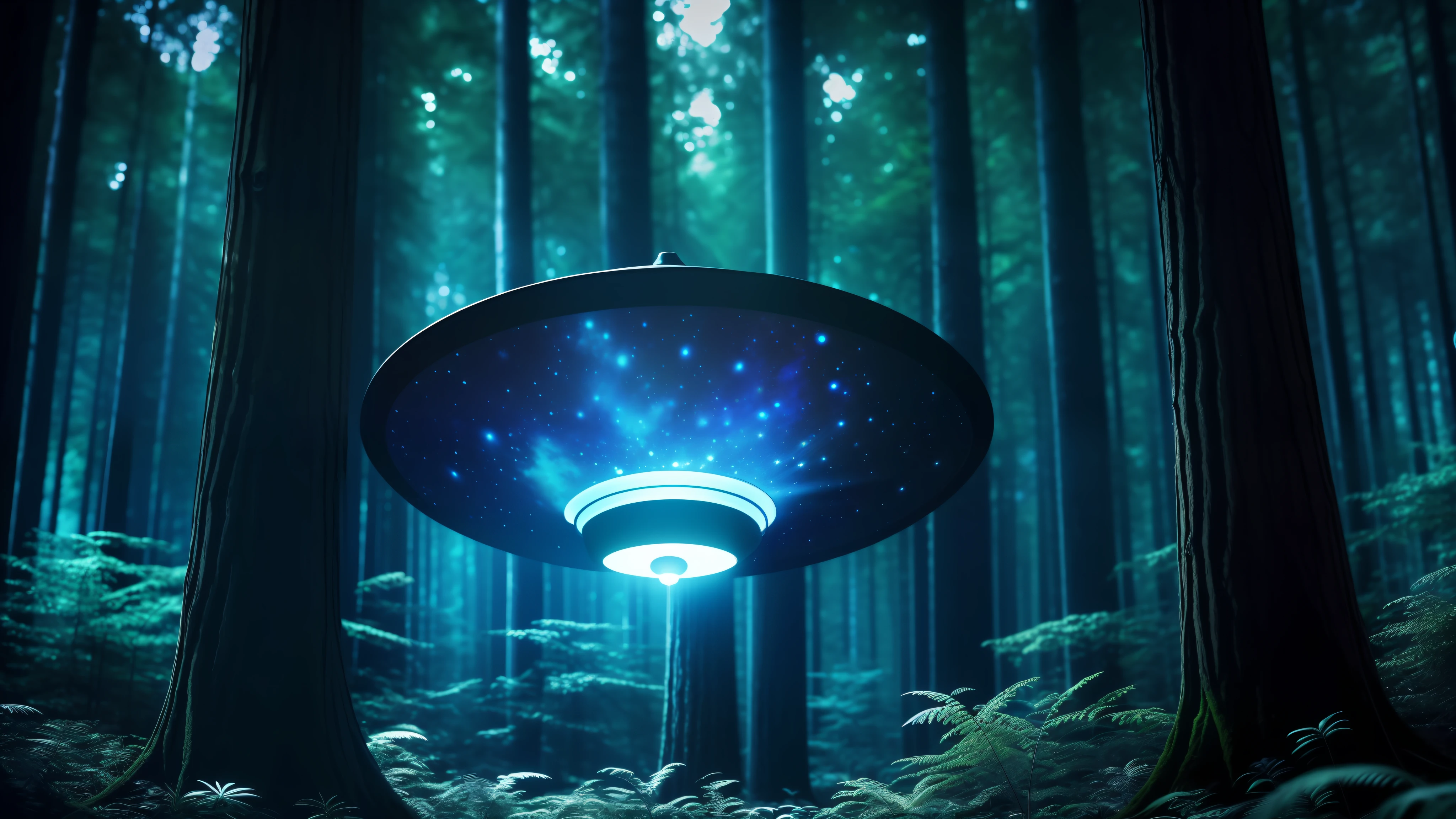 A glowing flying saucer in a blue forest at night, chiaroscuro, hyperrealism, luminism, HD, very detailed, 4k, 8k, shot on a Nikon Z7 II and Nikon NIKKOR Z 105mm f/2.8 VR S, best quality, detailed face, detailed eyes, detailed pupils, detailed clothes and features, clear background