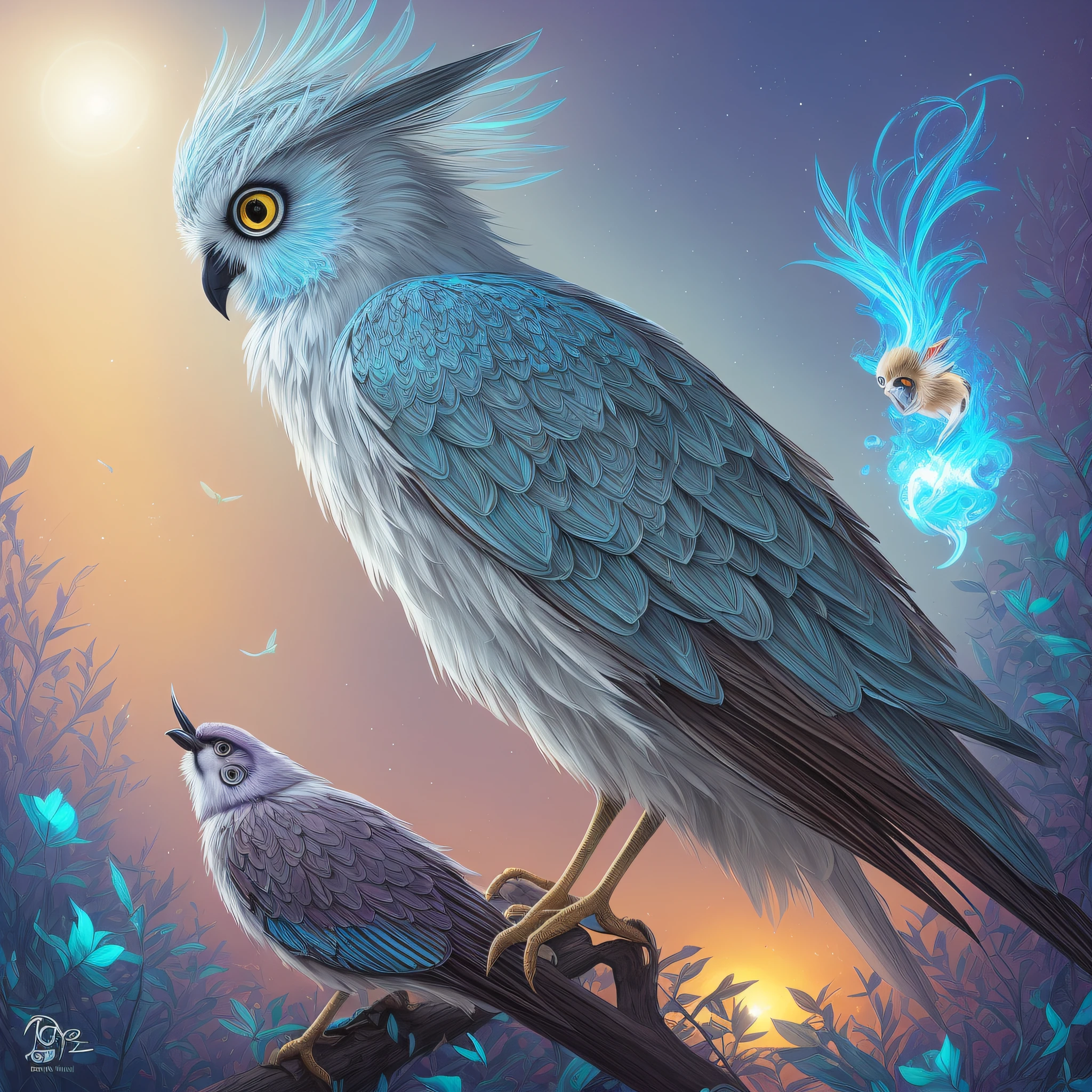 Cute and charming fantasy owl, bird of paradise, full body, shiny metallic depth, neon eyes with glowing smoke, metallic frost lace, fantasy, sunlight, sunlight, intricate details, intricate details, complex details, high detail, by Ross Tran, artgerm and James Gene, Brian Frode, art illustration by Miho Hirano, Nami Kami Ani Ani, oil on canvas by Aykut Aydogdu,