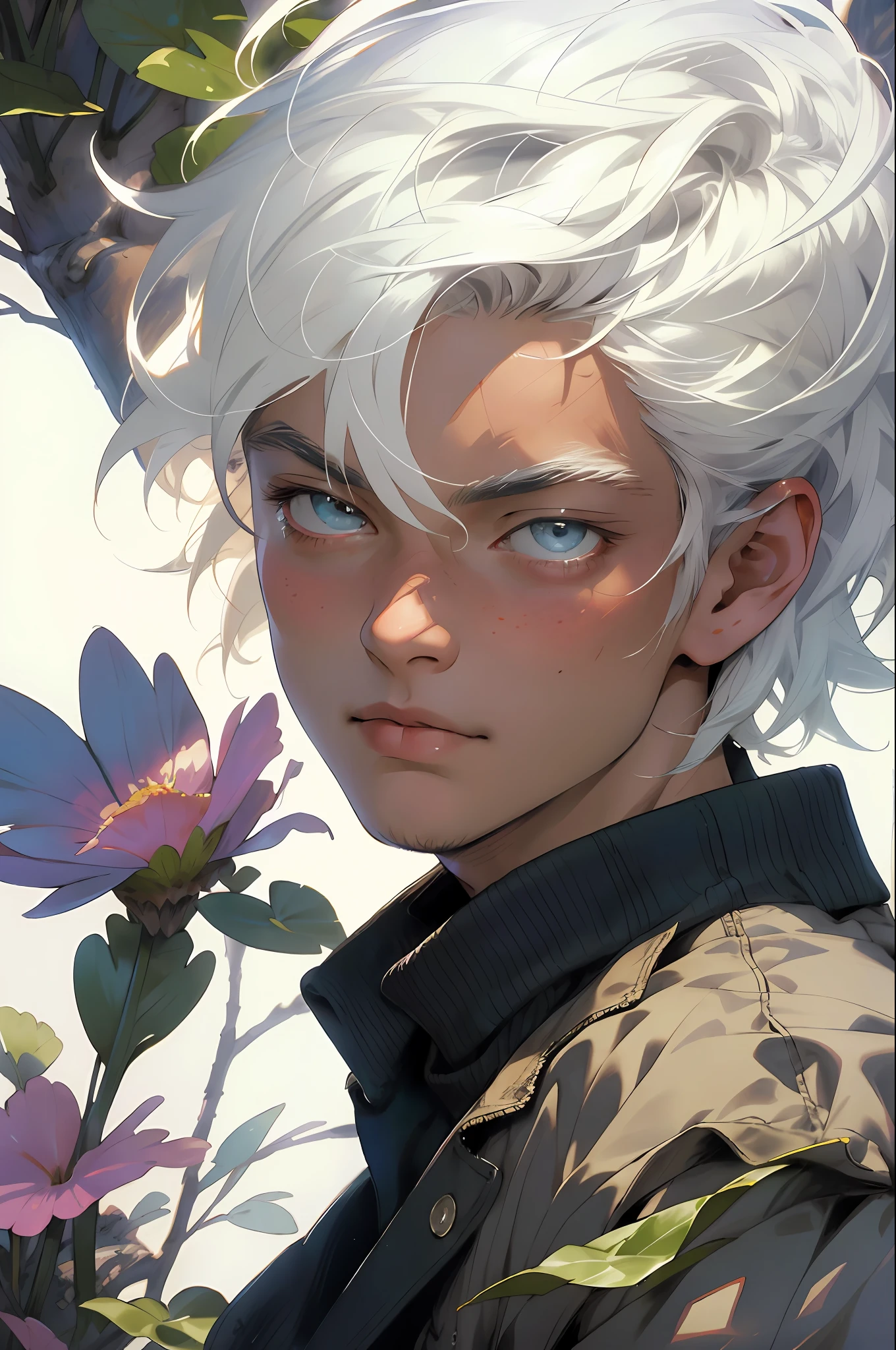 Realistic, (masterpiece, top quality, best quality, official art), very detailed, colorful, most detailed, gods, short hair, white hair, mysterious, (magic), handsome man, butterfly
