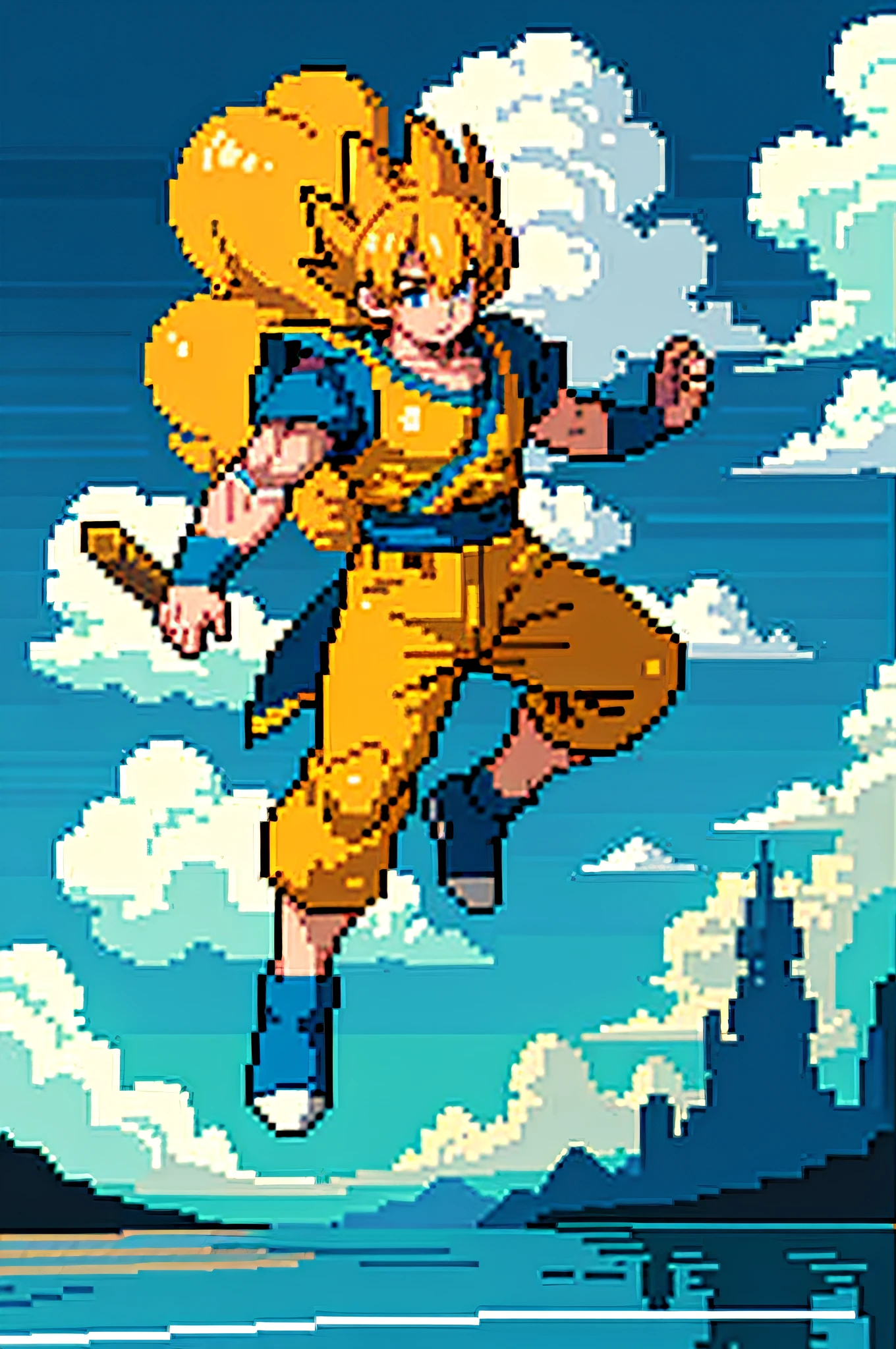 (masterpiece, top quality, best quality), pixel, goku character flying in yellow cloud, pixel art, full body